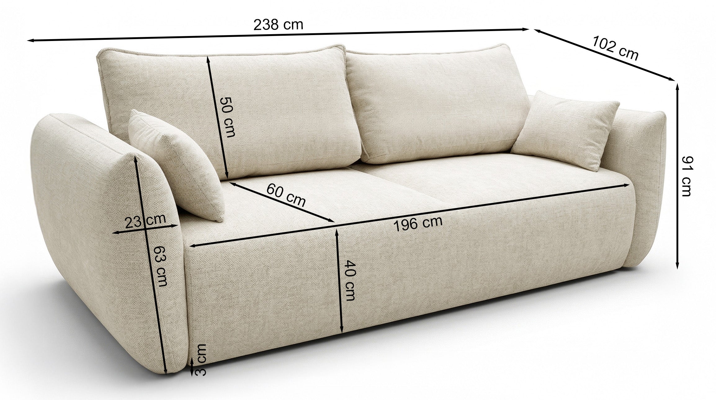 Rysunek wymiarowy - Kanapa rozkładana Zordo: szerokość 238 cm, głębokość 102 cm, wysokość 91 cm