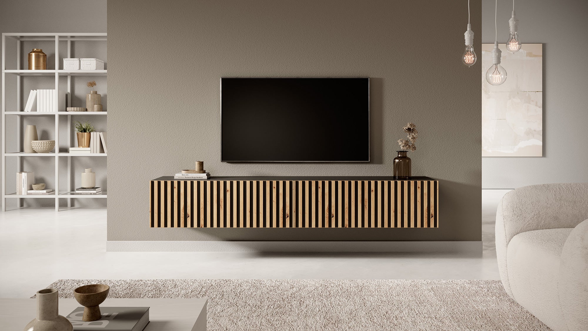 Szafka RTV Telire 175 cm czarna z lamelowym frontem dąb artisan
