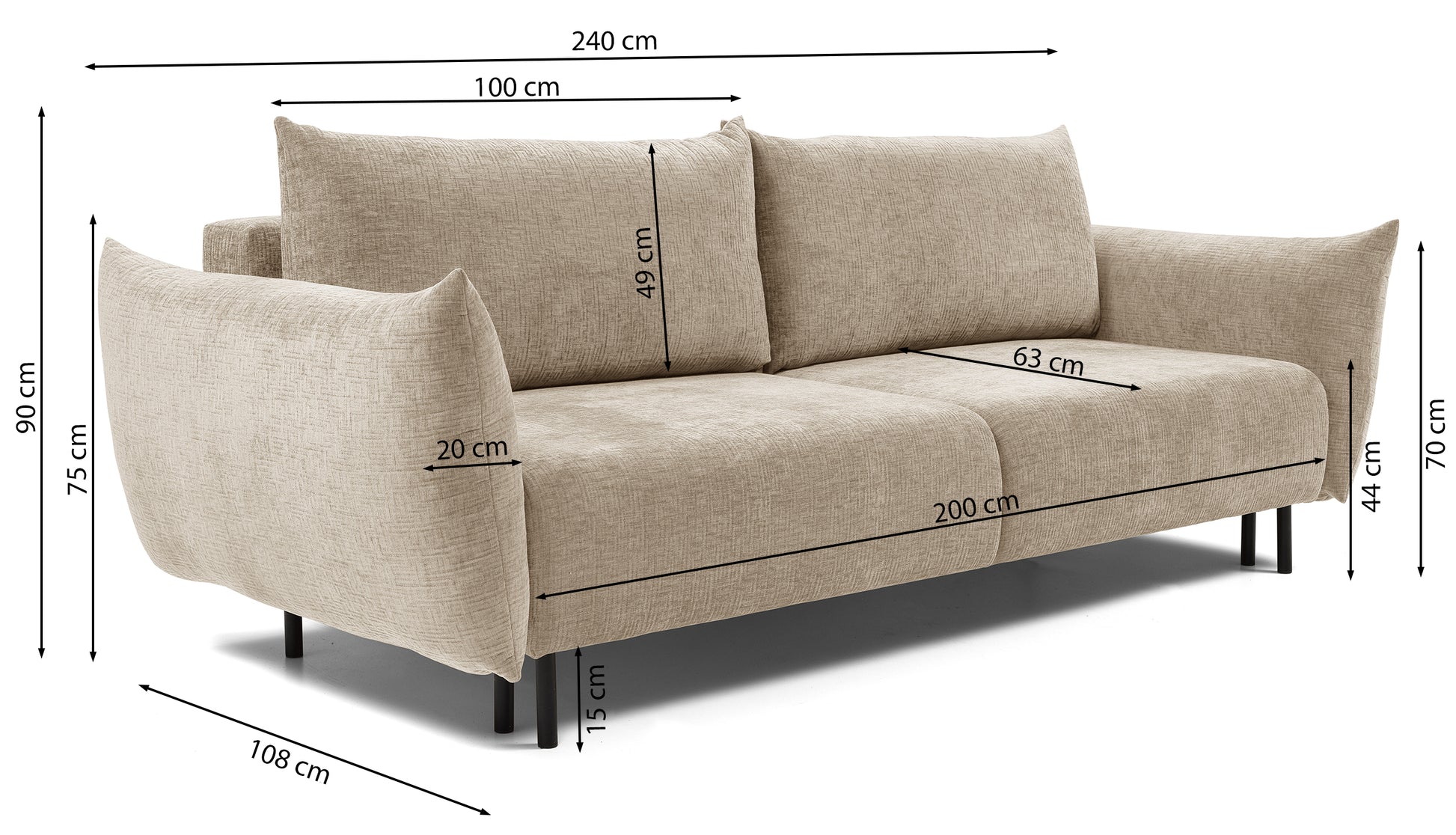 Rysunek wymiarowy - Kanapa rozkładana Candeiro musztardowa: szerokość 240 cm, głębokość 108 cm, wysokość 90 cm