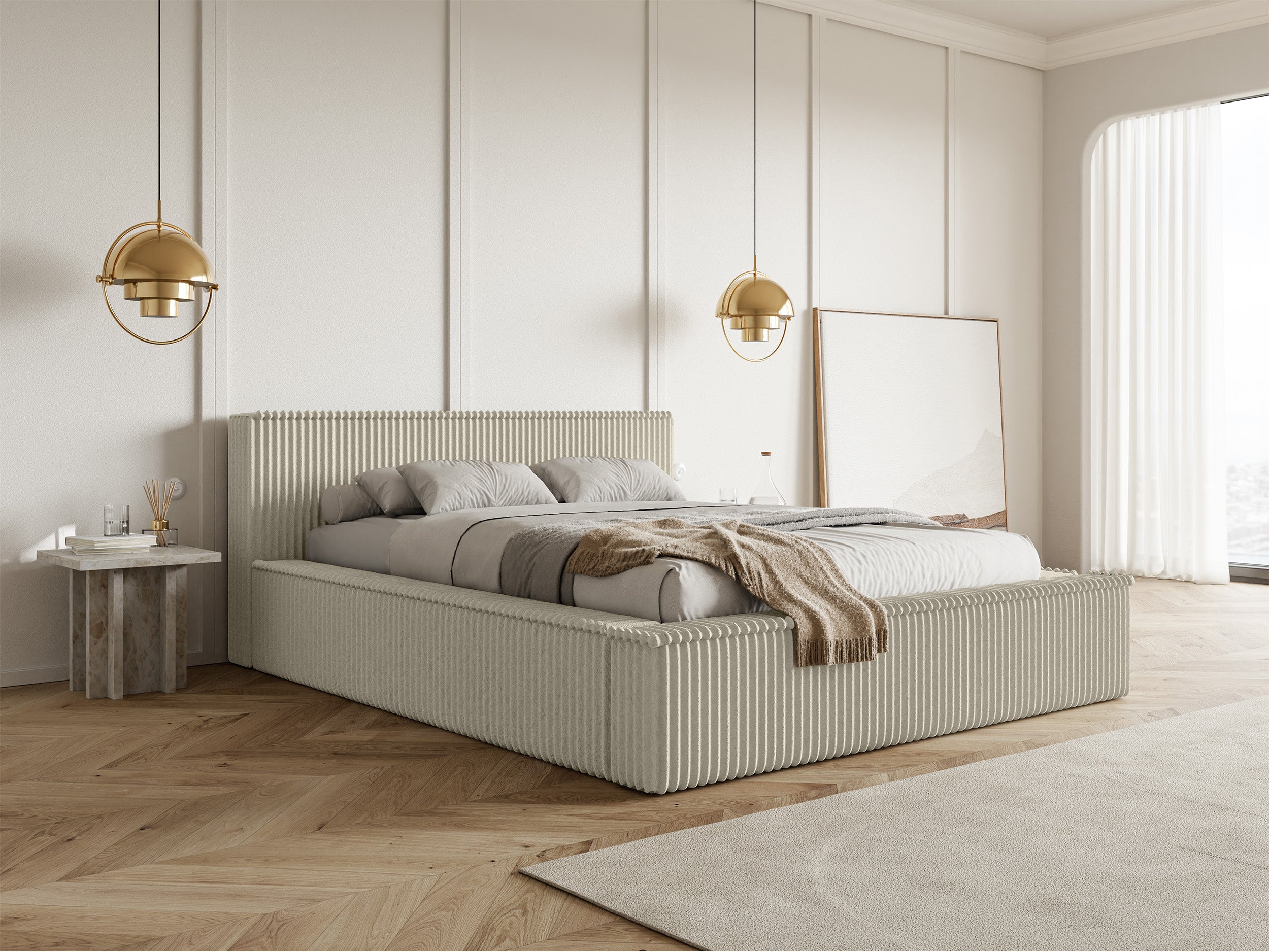 Łóżko tapicerowane Affolio 180x200 cm z pojemnikiem jasnobeżowe gruby sztruks