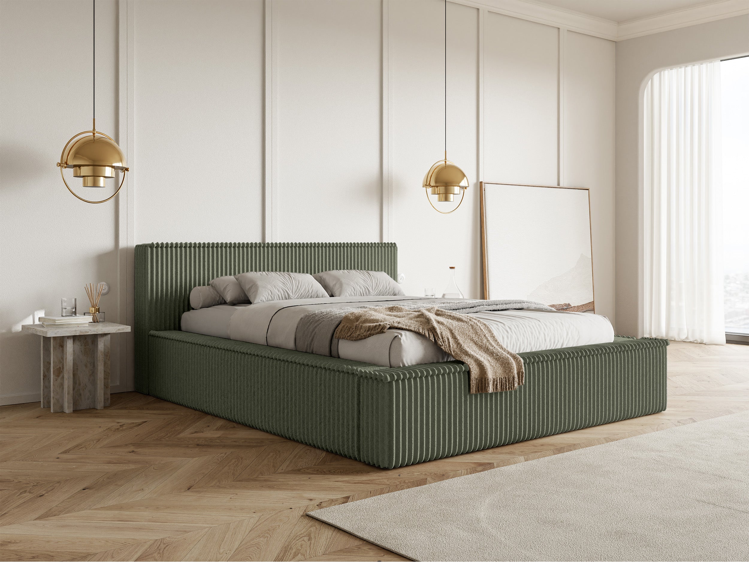 Łóżko tapicerowane Affolio 140x200 cm z pojemnikiem khaki gruby sztruks
