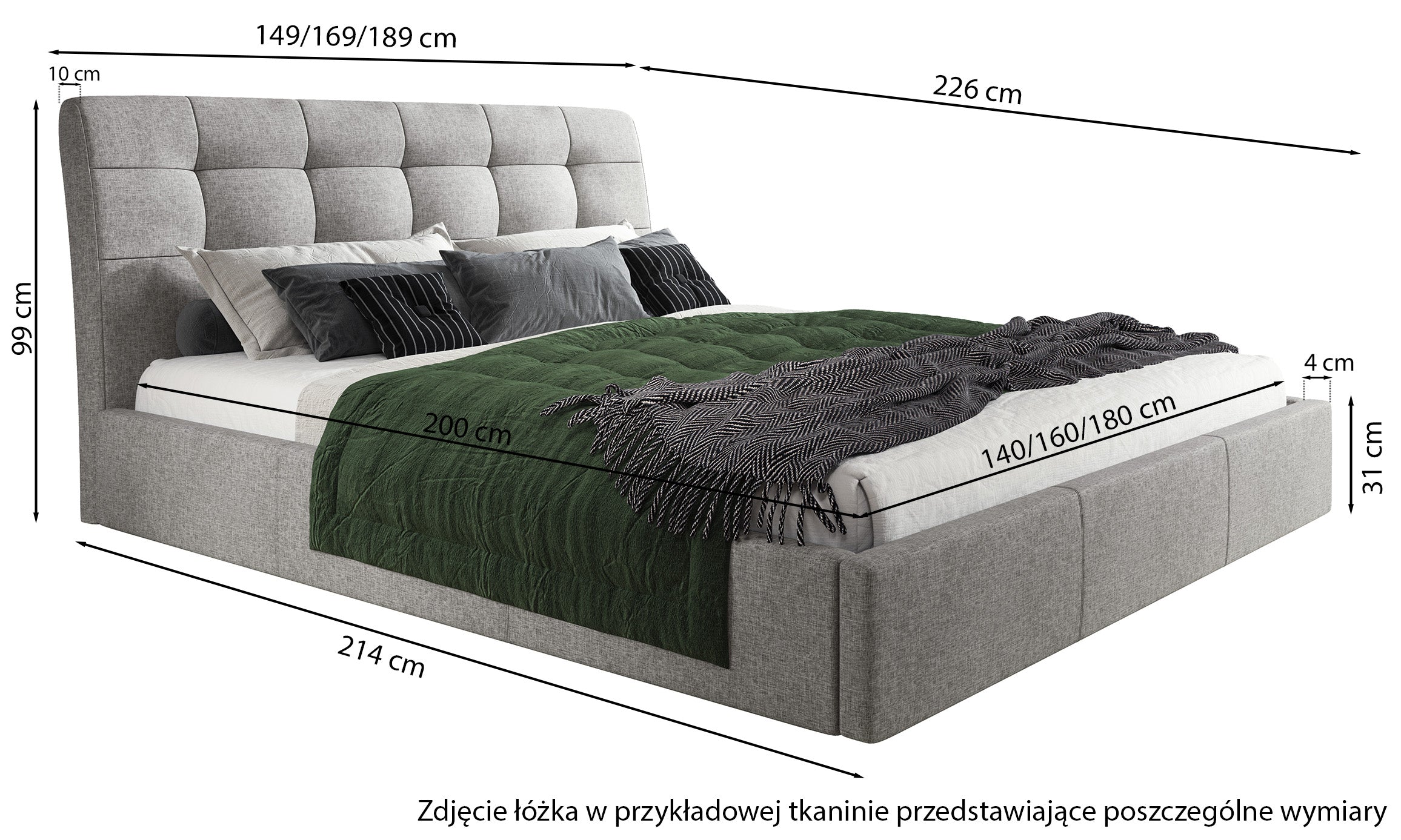 Łóżko tapicerowane 180x200 cm Alneo z pojemnikiem grafitowe plecionka