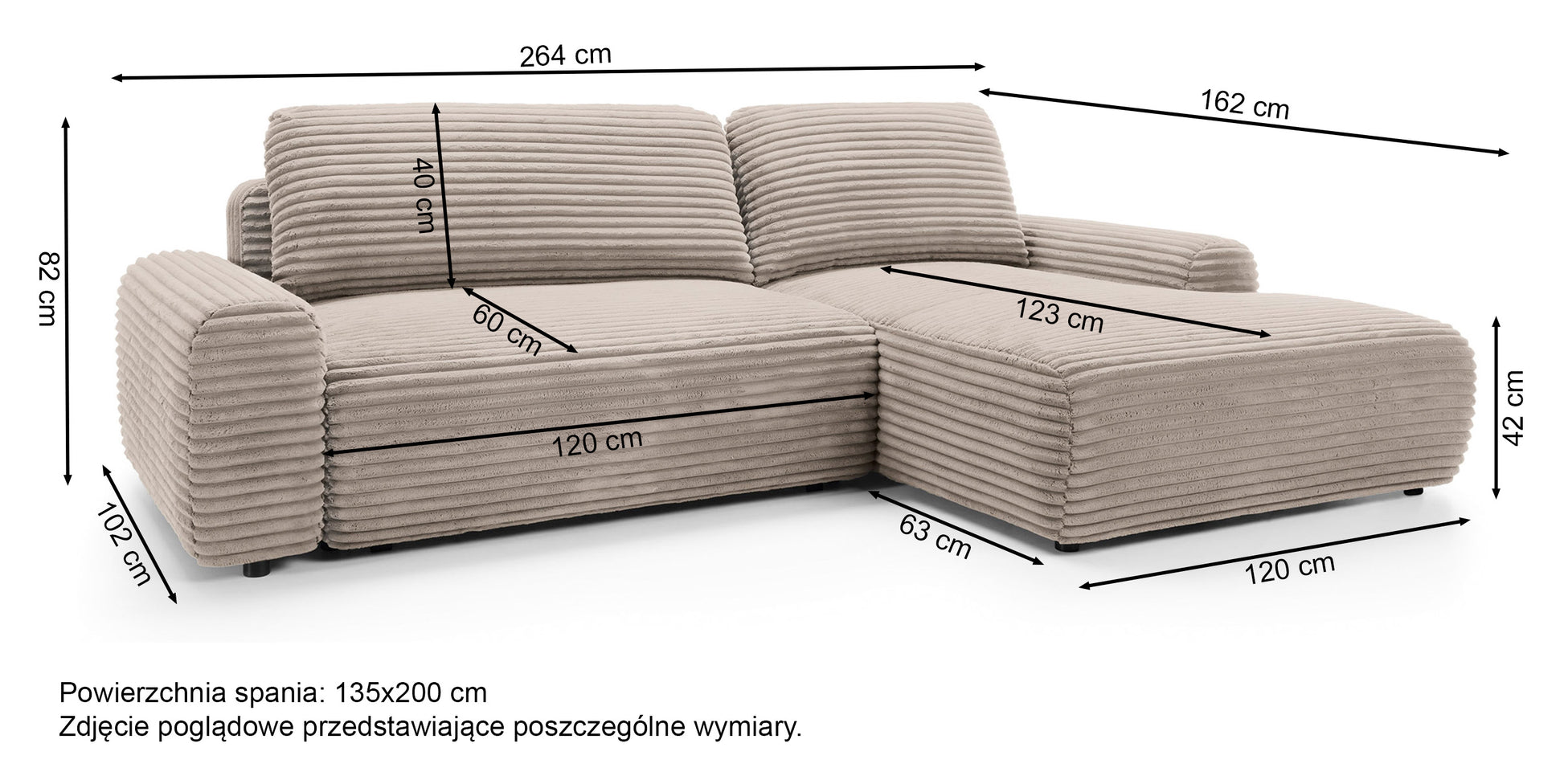 Rysunek wymiarowy - Narożnik Alferia kremowy sztruks prawostronny: szerokość 264 cm, głębokość 162 cm, wysokość 82 cm