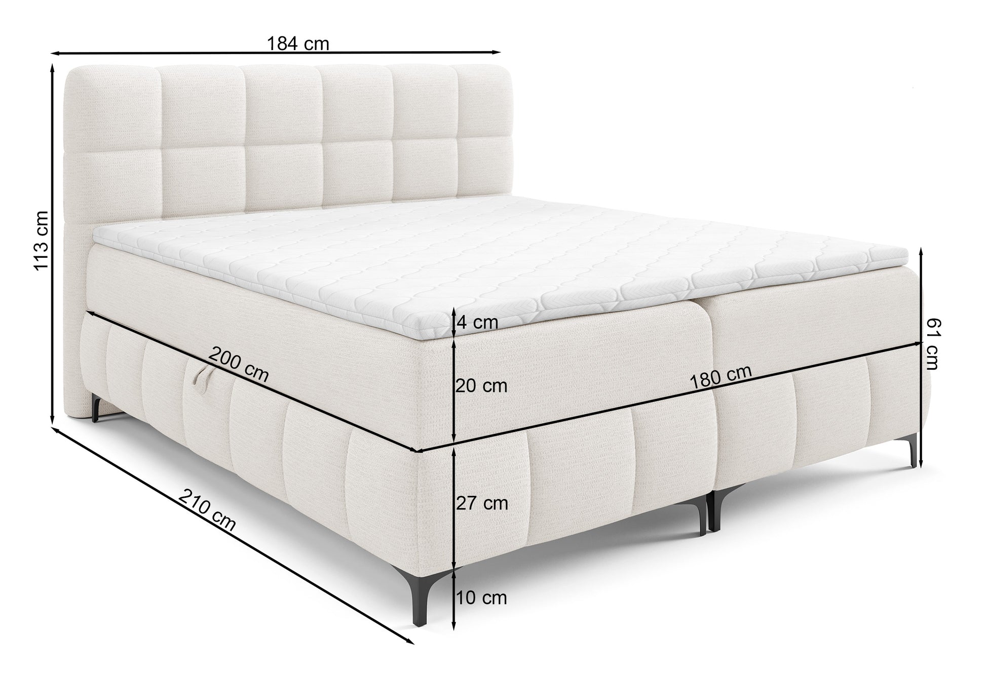 Rysunek wymiarowy - Łóżko kontynentalne Almagri 180x200 cm z dwoma pojemnikami i topperem miedziane: szerokość 184 cm, długość 210 cm, wysokość 113 cm