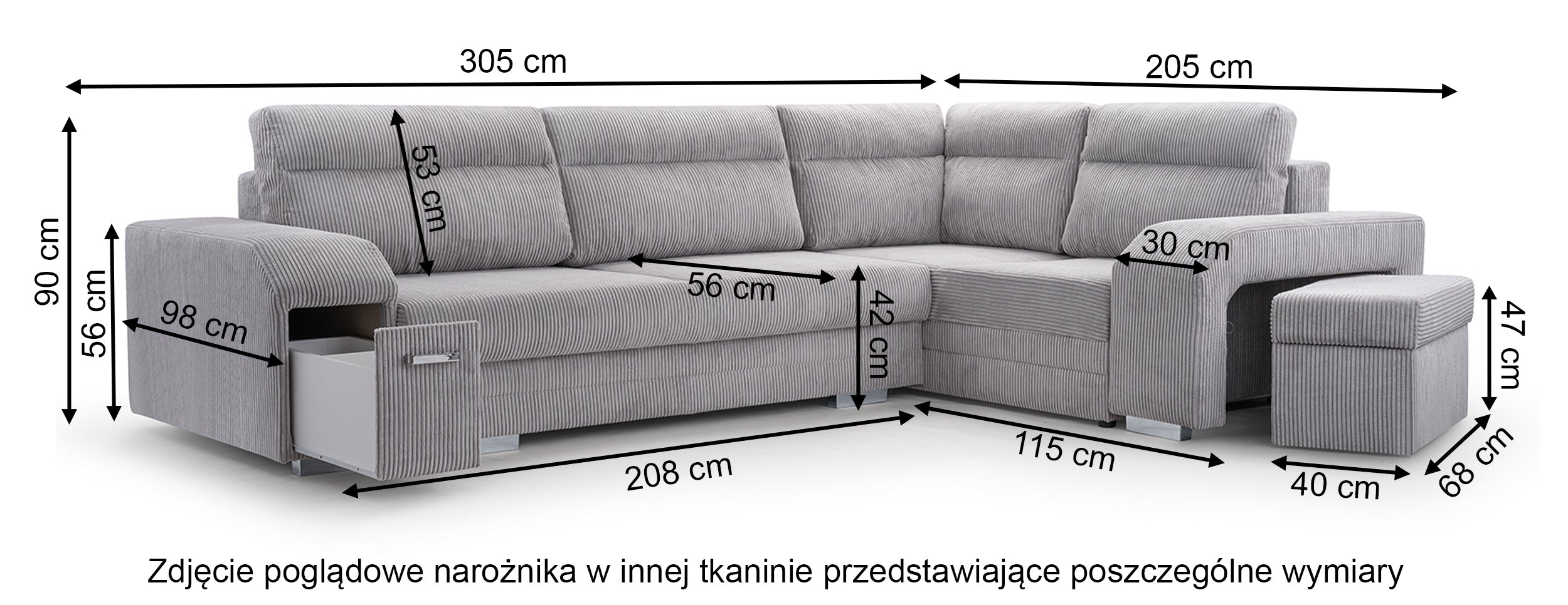 Narożnik z funkcją spania Umill L-kształtny z pojemnikami z barkiem i pufą granatowy welur hydrofobowy lewostronny