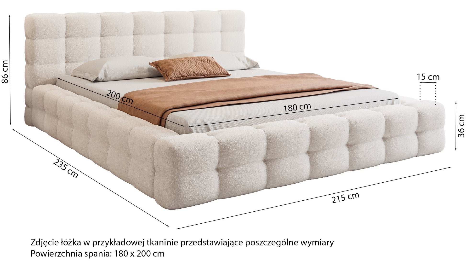 Łóżko tapicerowane Floriso 180x200 cm z pojemnikiem i metalowym stelażem szare - tapicerka boucle