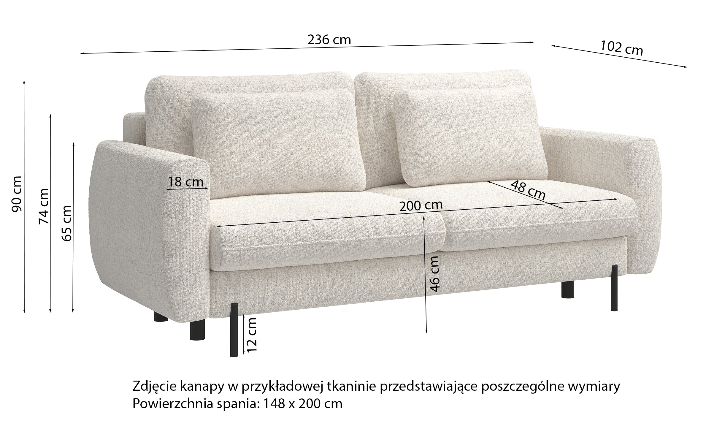 Kanapa rozkładana trzyosobowa Rane z pojemnikiem beżowa szenil hydrofobowy