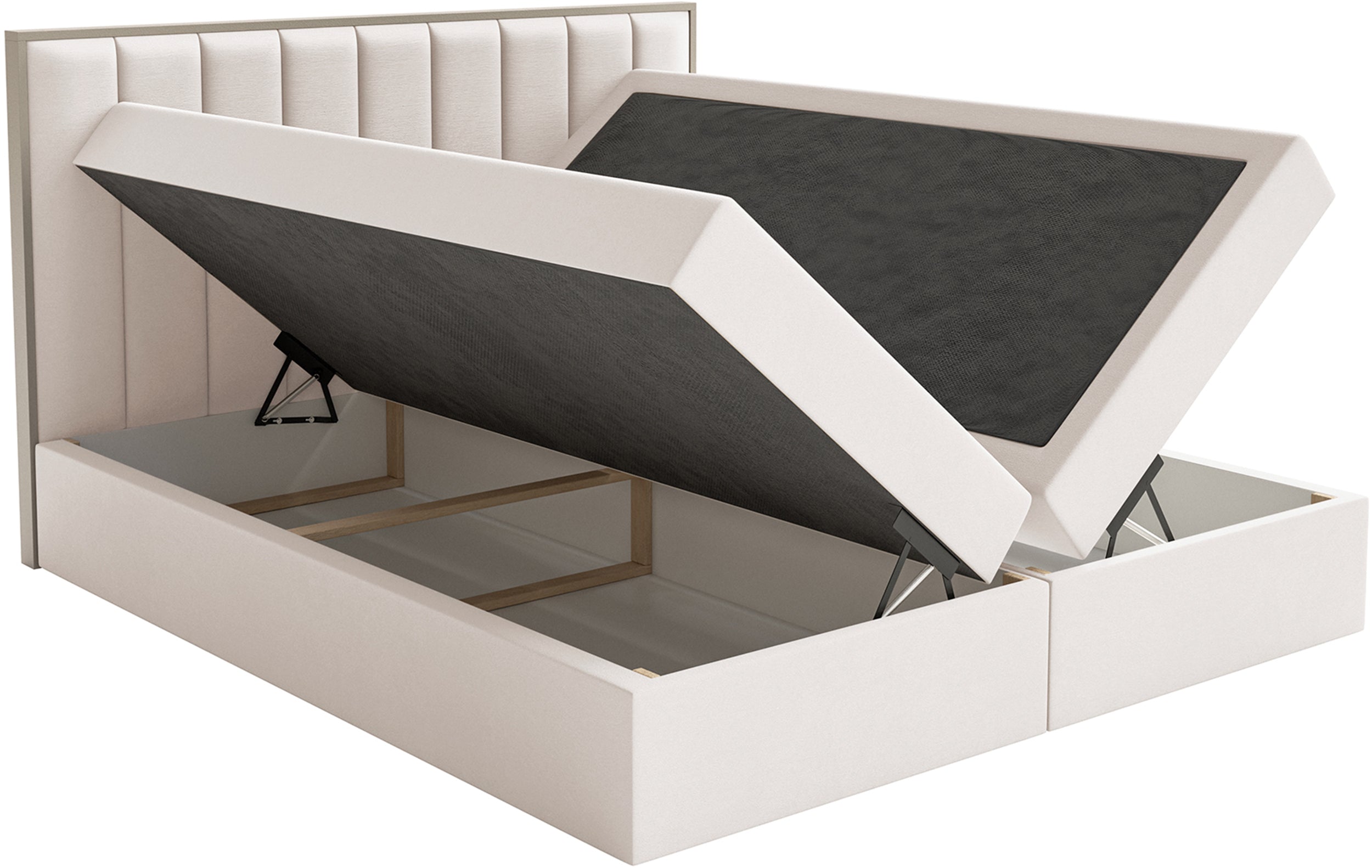 Łóżko kontynentalne 180x200 cm Togents z pojemnikami i topperem kremowe welur hydrofobowy