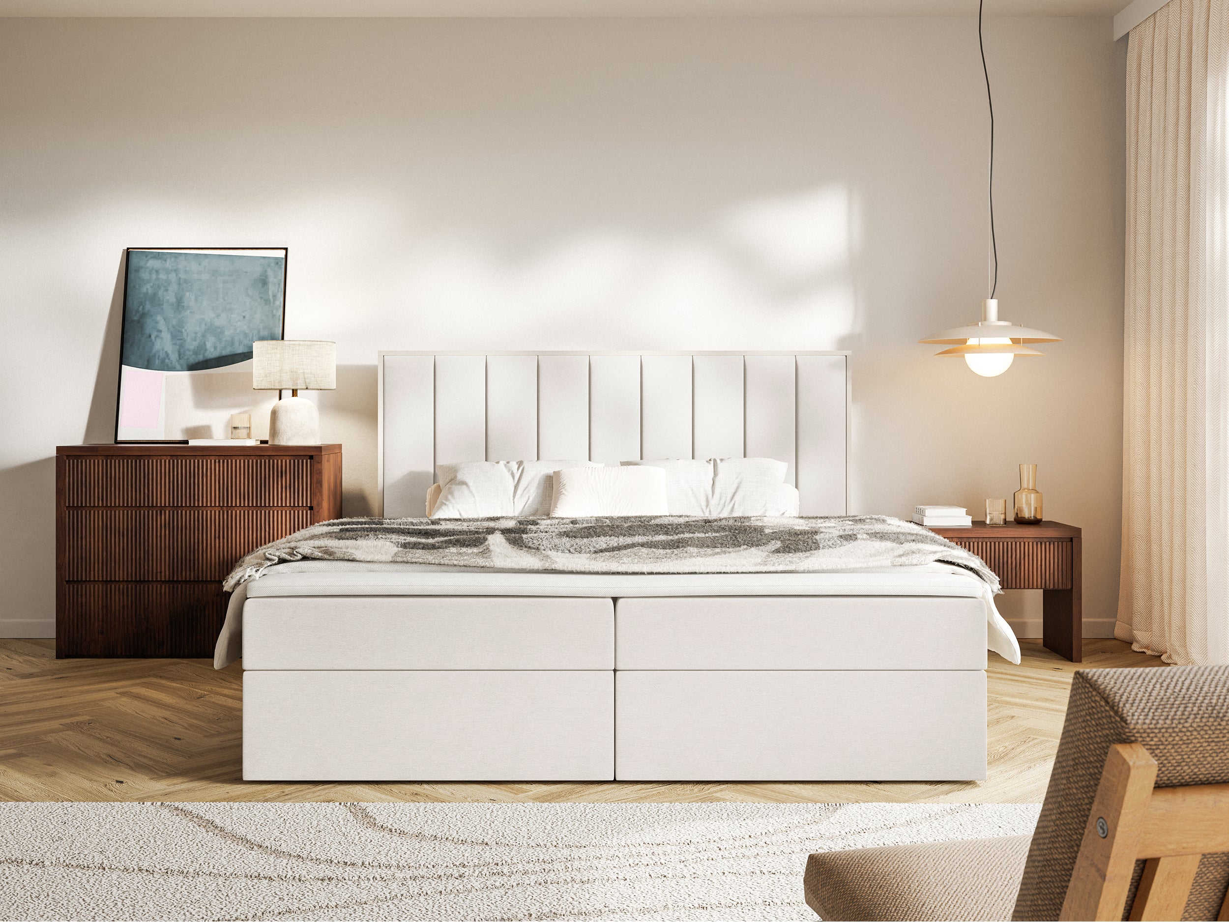 Łóżko kontynentalne 180x200 cm Togents z pojemnikami i topperem kremowe welur hydrofobowy