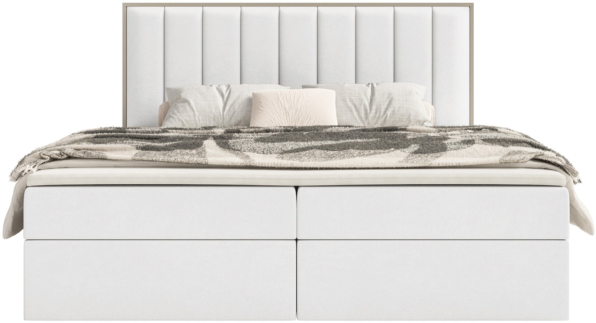 Łóżko kontynentalne Togents 140x200 cm z pojemnikami i topperem białe welur - materiał drewno