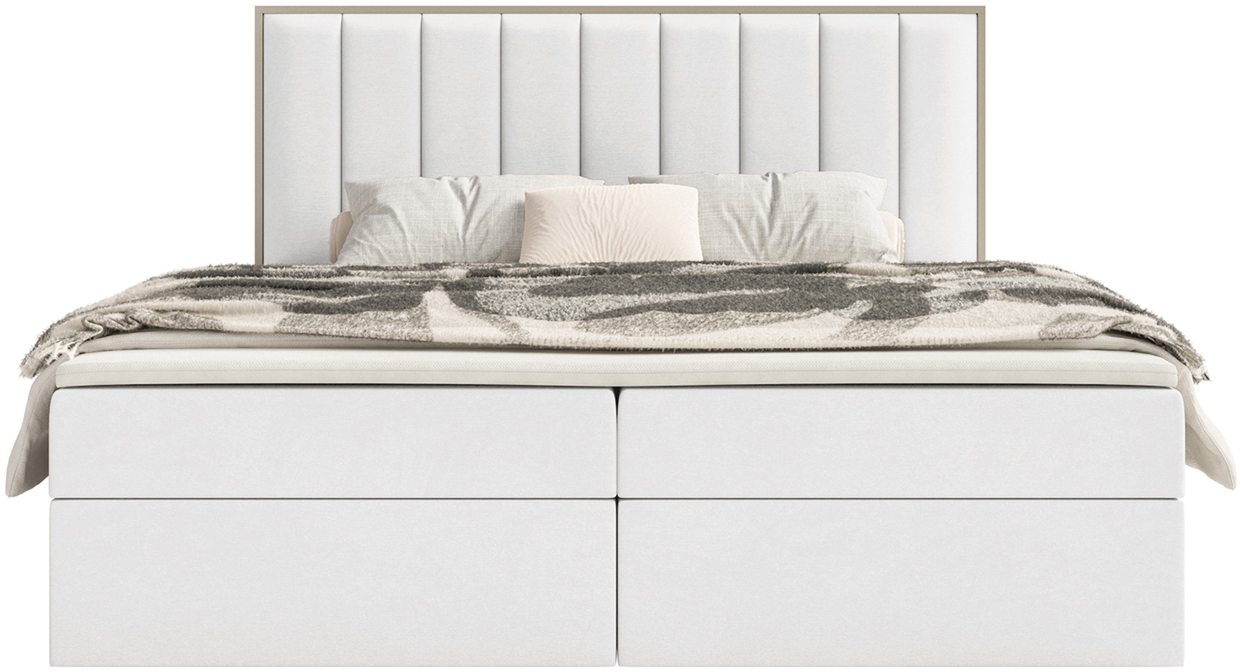 Łóżko kontynentalne Togents 140x200 cm z pojemnikami i topperem białe welur - materiał drewno