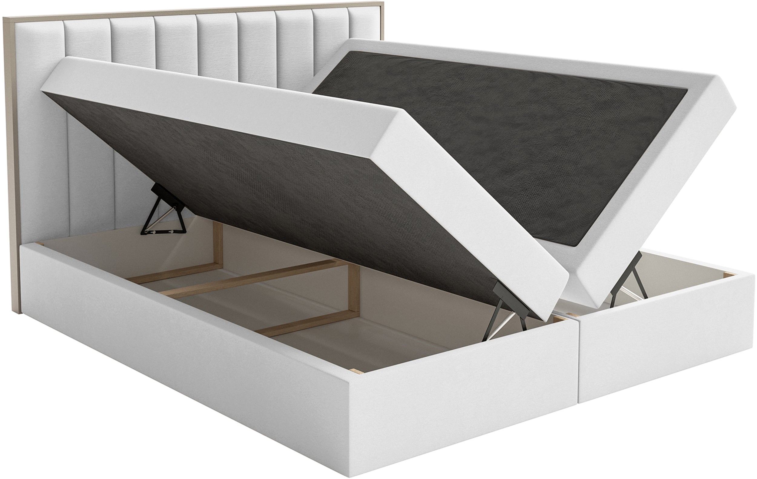 Łóżko kontynentalne Togents 180x200 cm z pojemnikami i topperem białe welur - materiał płyta meblowa