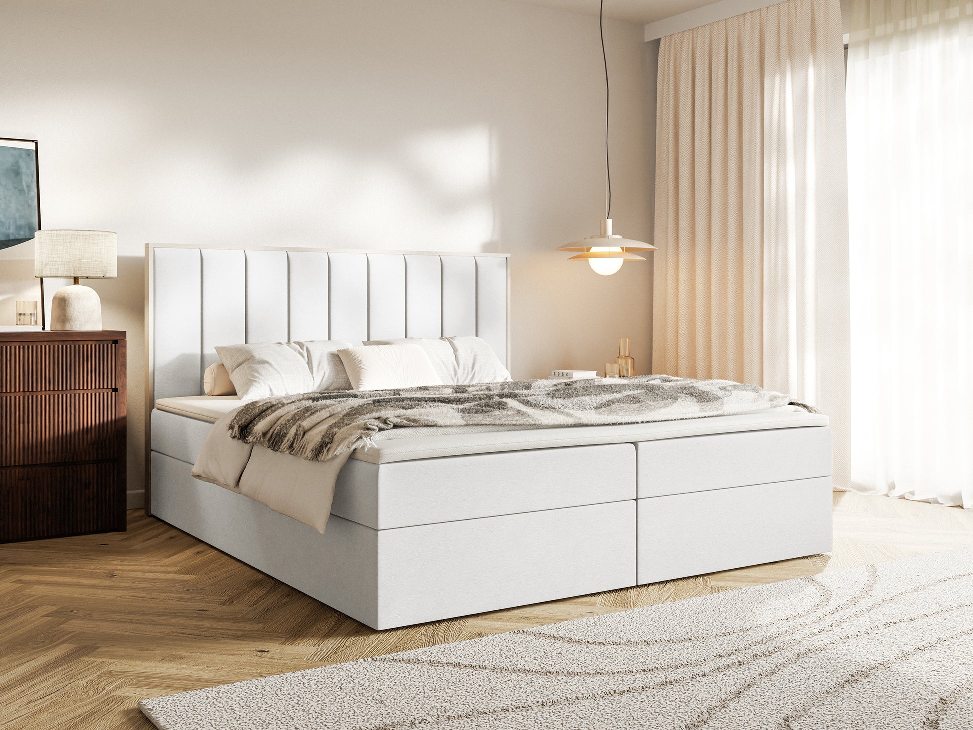 Łóżko kontynentalne Togents 180x200 cm z pojemnikami i topperem białe welur - z materacem