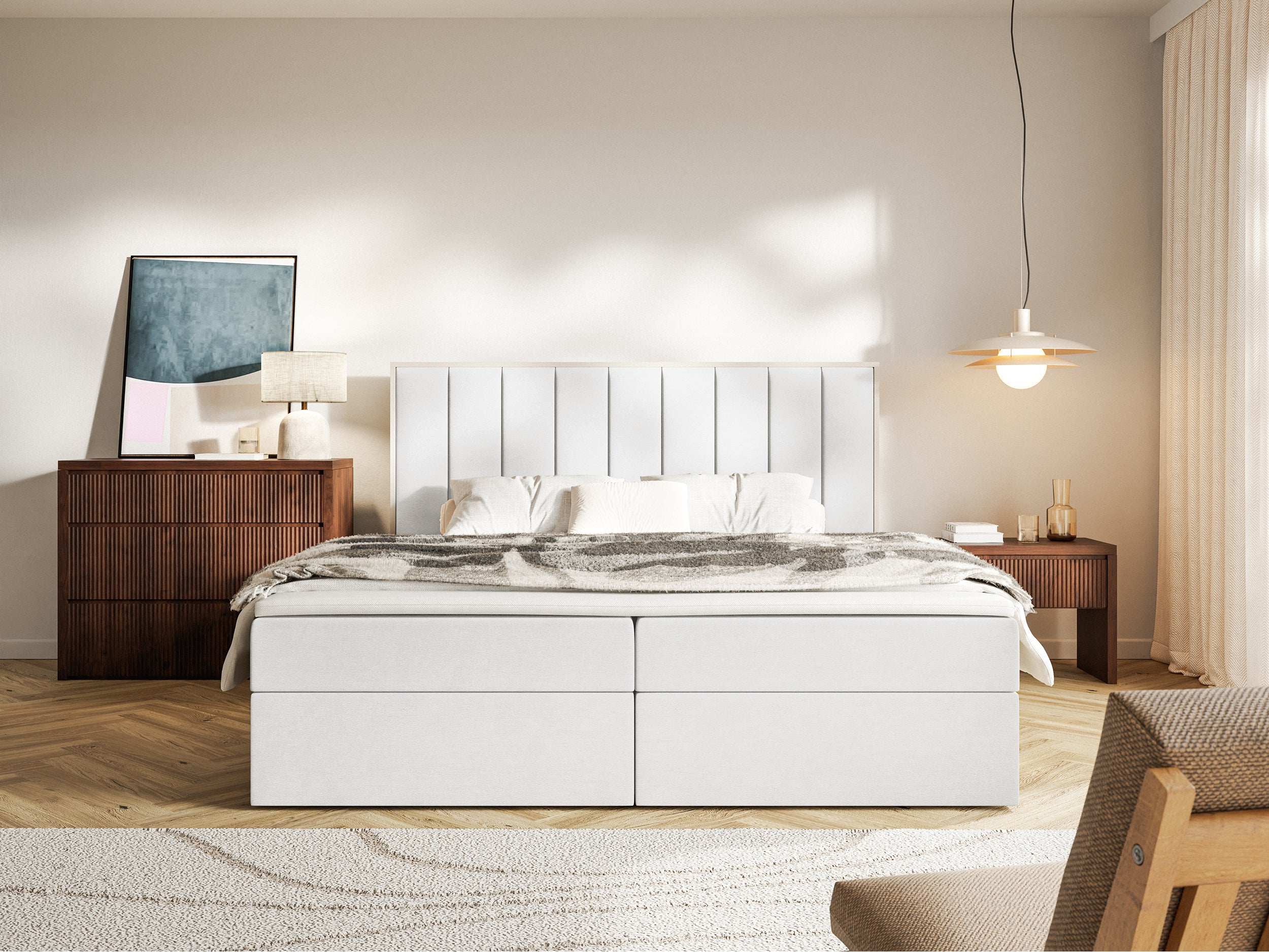 Łóżko kontynentalne Togents 180x200 cm z pojemnikami i topperem białe welur - rodzaj dwuosobowy