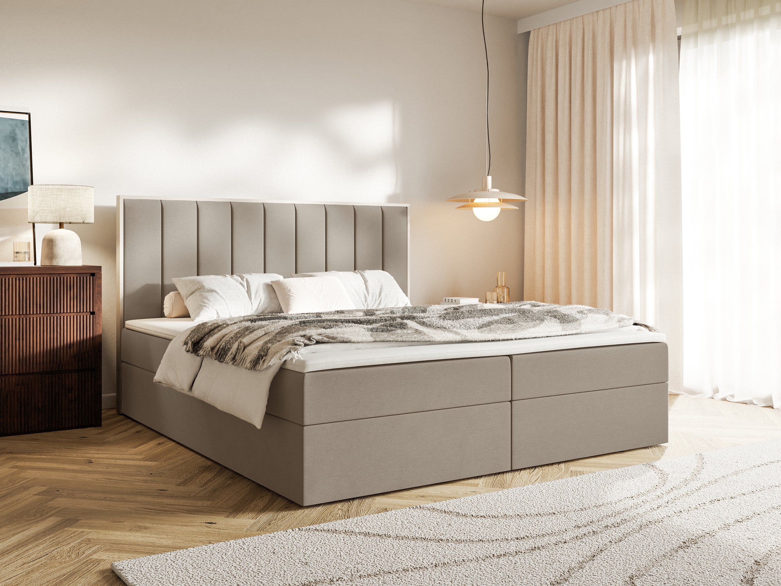 Łóżko kontynentalne Togents 160x200 cm z pojemnikami i topperem brązowe welur - z materacem