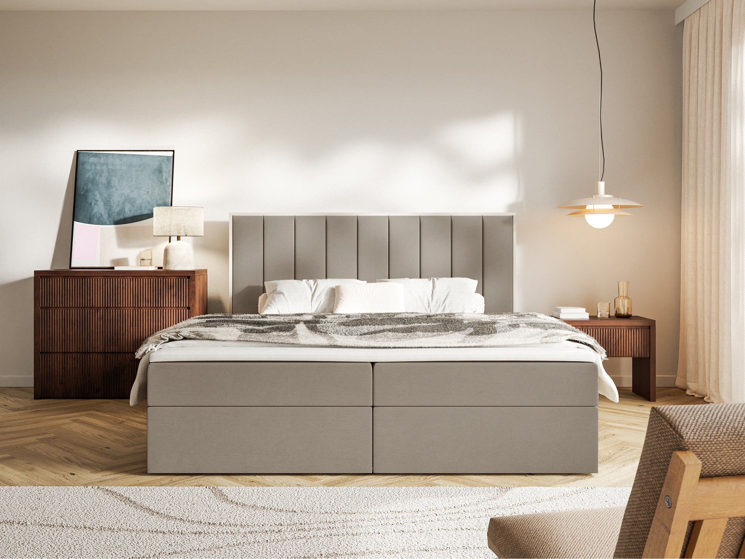 Łóżko kontynentalne 140x200 cm Togents z pojemnikami i topperem brązowe welur hydrofobowy