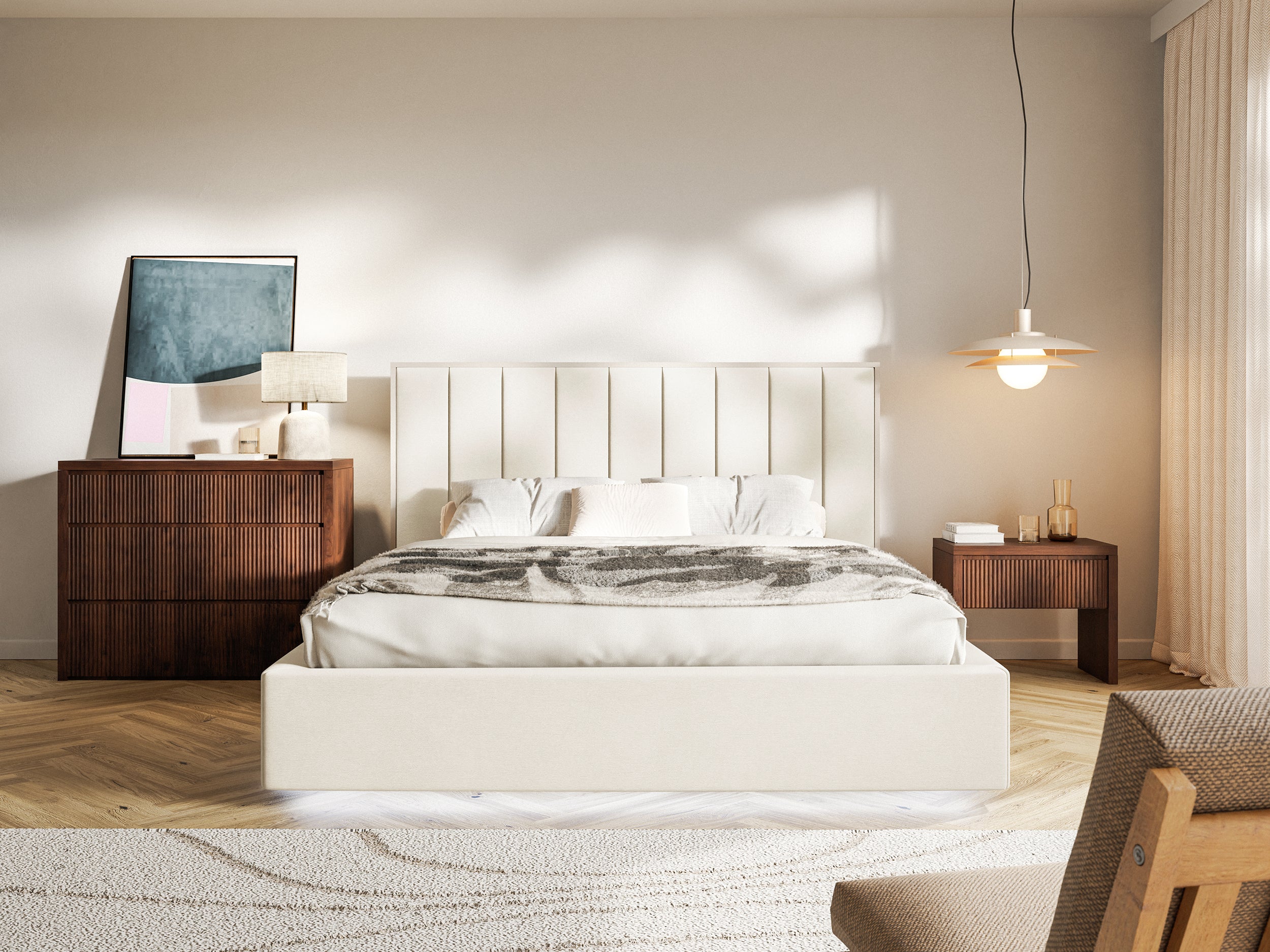 Łóżko tapicerowane 180x200 cm Togents z pojemnikiem i oświetleniem LED stelaż metalowy kremowe welur hydrofobowy