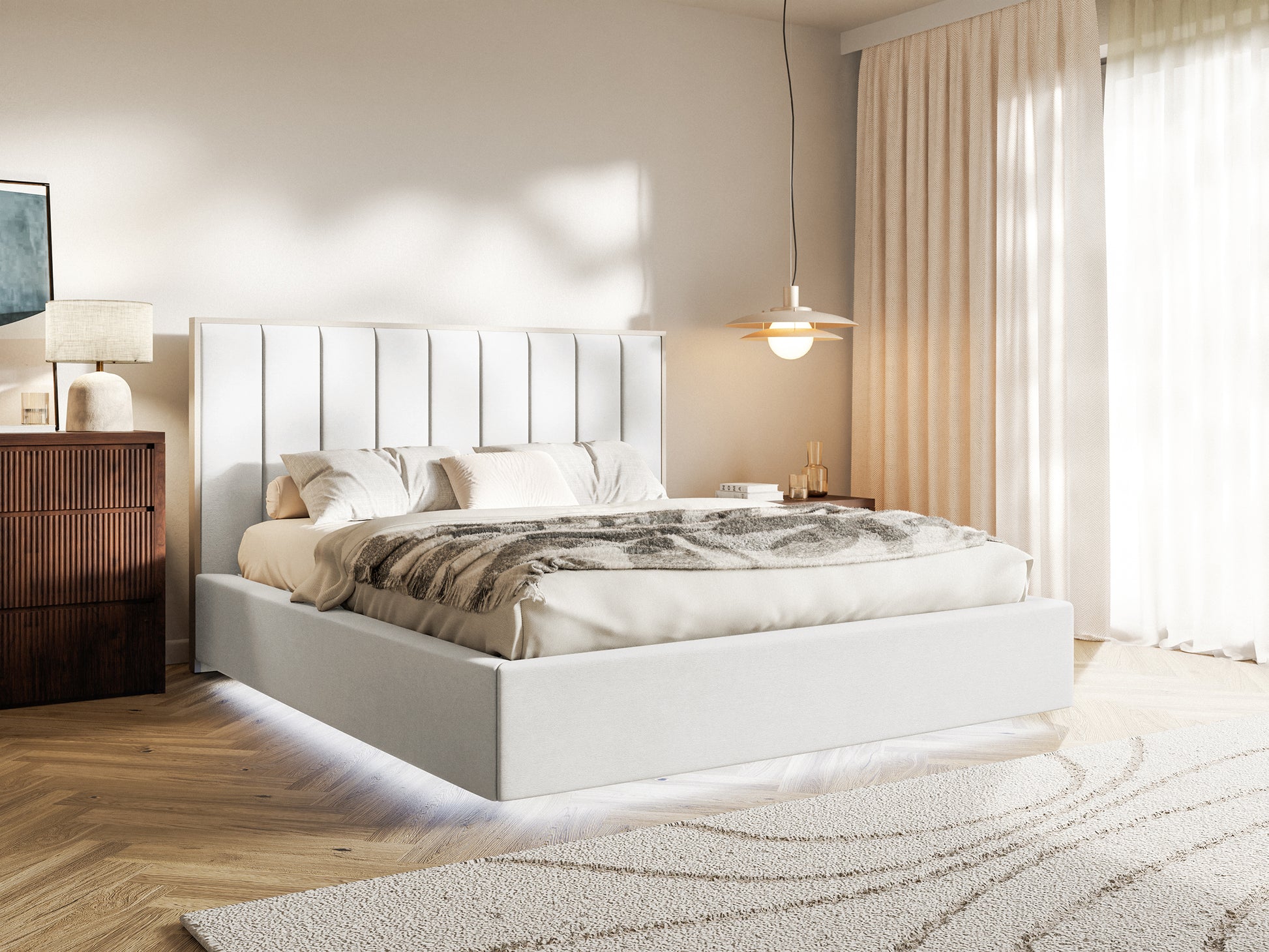 Łóżko tapicerowane Togents 180x200 cm z pojemnikiem i oświetleniem LED stelaż metalowy białe welur - bez materaca