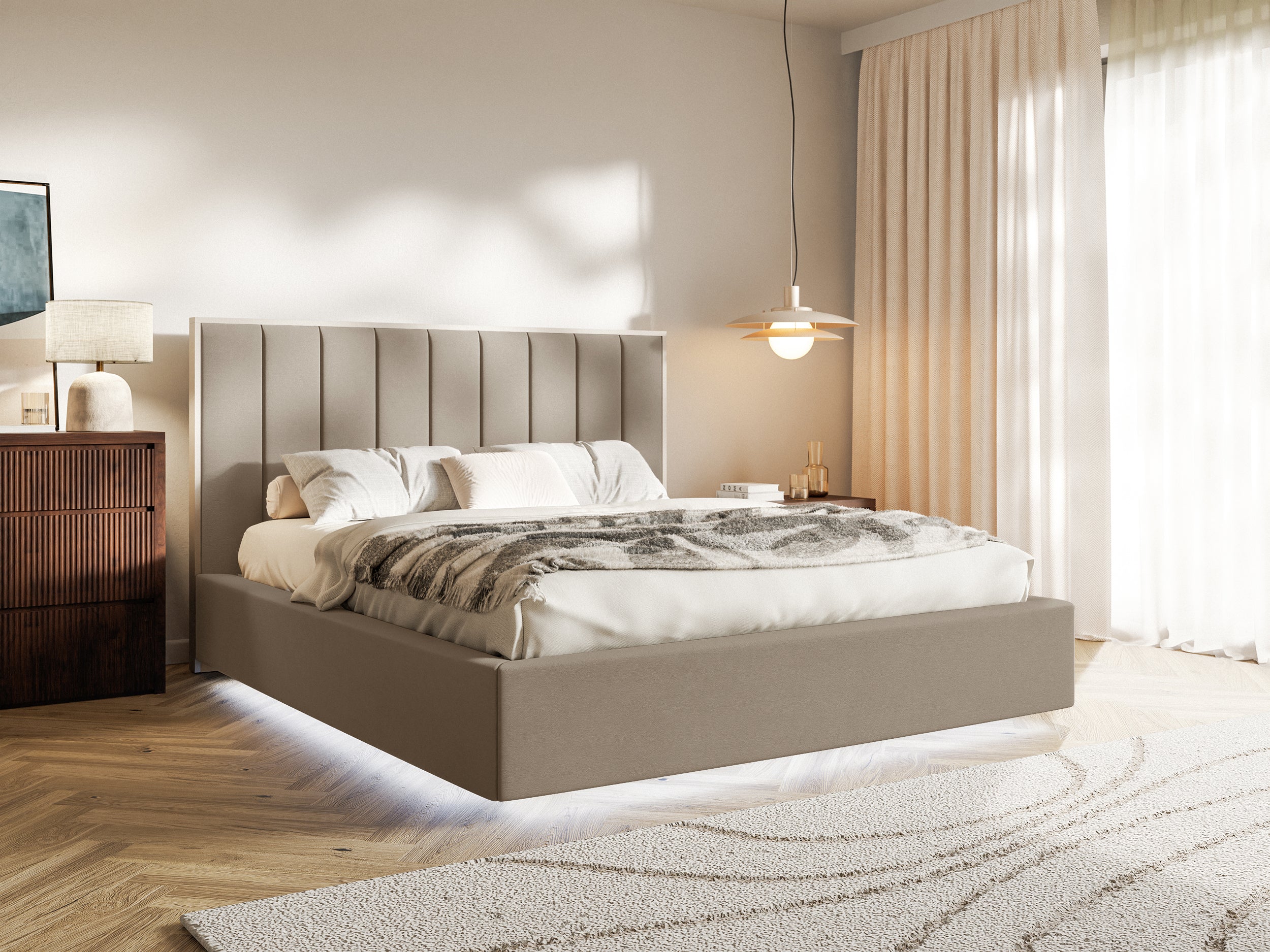 Łóżko tapicerowane Togents 140x200 cm z pojemnikiem i oświetleniem LED stelaż metalowy brązowe welur - bez materaca