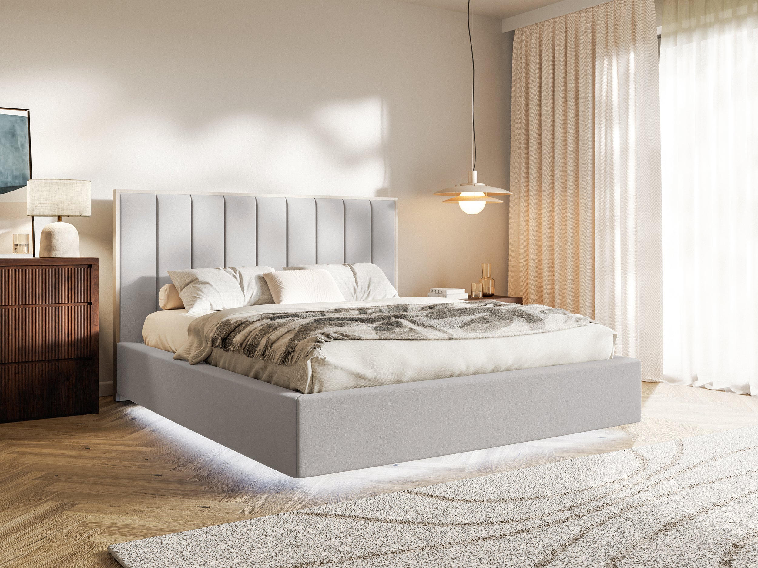Łóżko tapicerowane 180x200 cm Togents z oświetleniem LED jasnoszare welur hydrofobowy