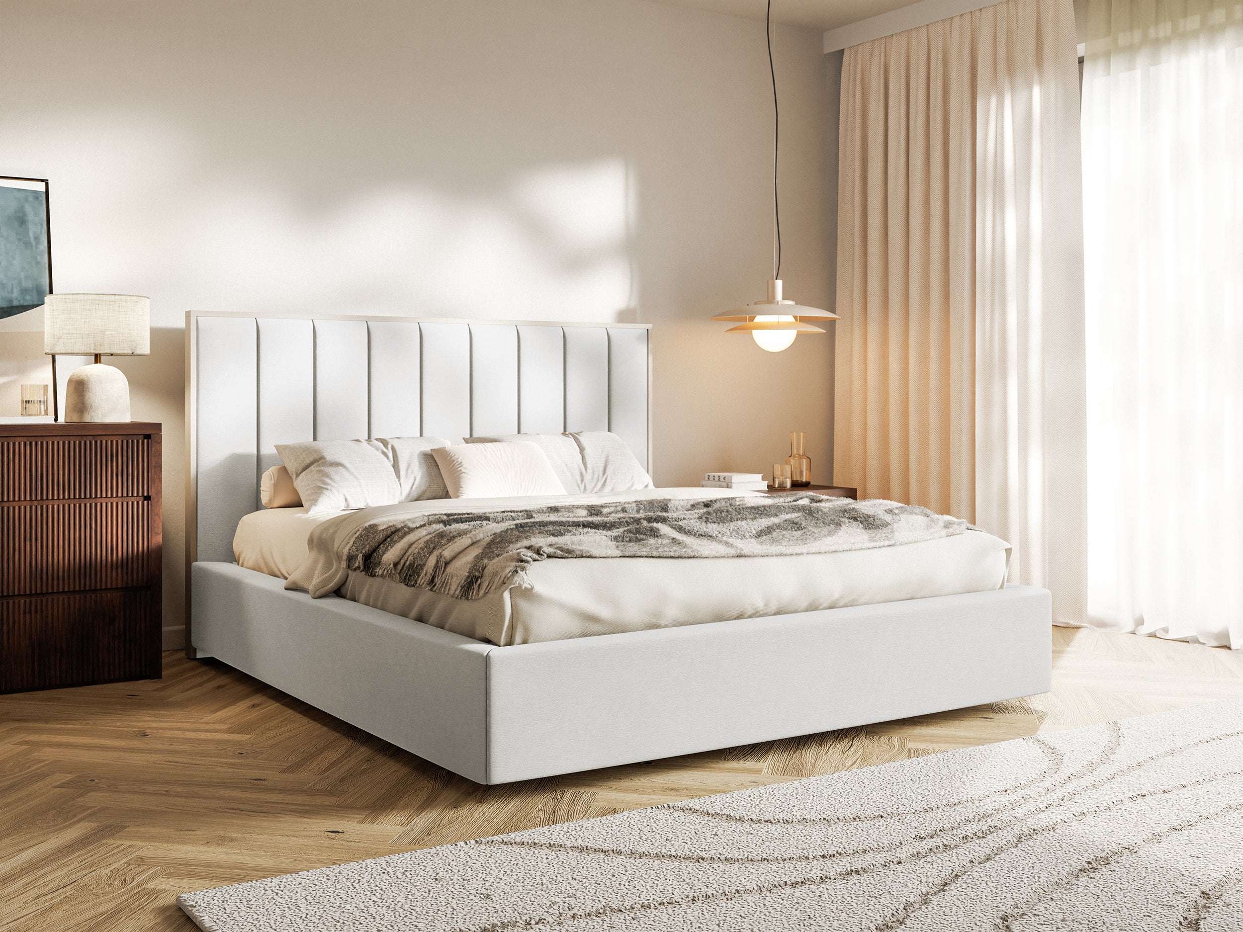 Łóżko tapicerowane Togents 180x200 cm z pojemnikiem stelaż metalowy białe welur - bez materaca