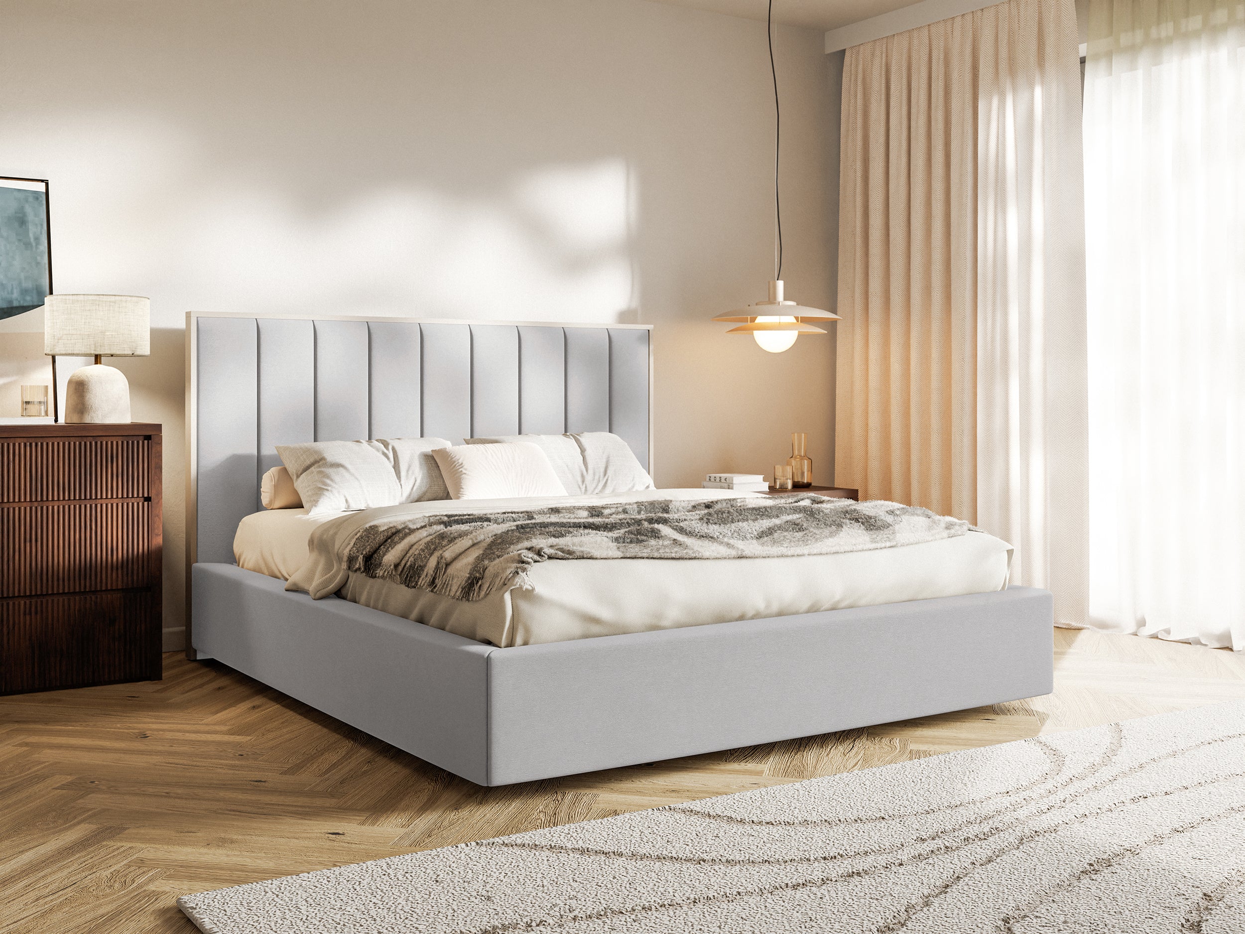 Łóżko tapicerowane Togents 180x200 cm z pojemnikiem stelaż metalowy jasnoszare welur - bez materaca