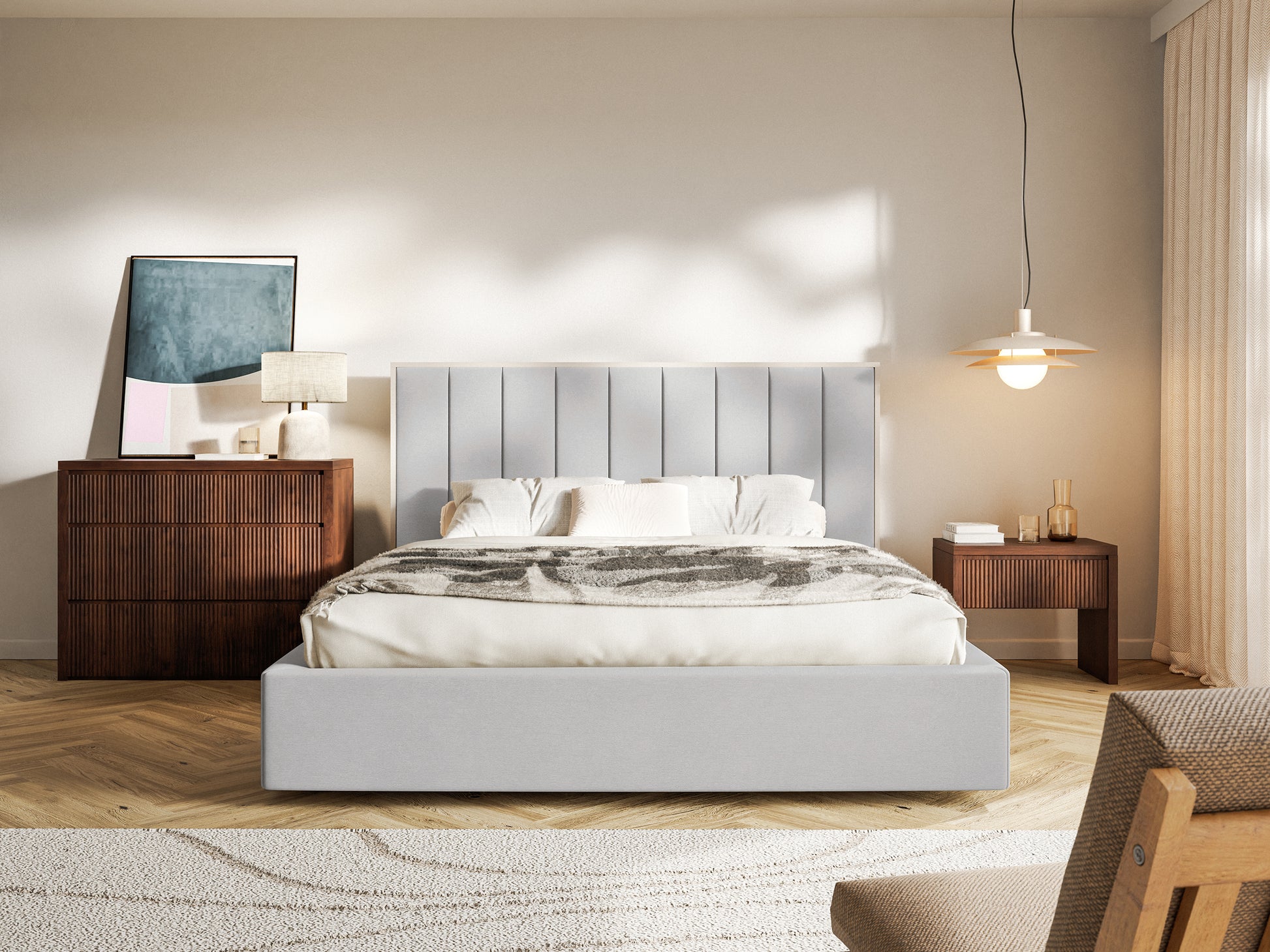 Łóżko tapicerowane Togents 180x200 cm z pojemnikiem stelaż metalowy jasnoszare welur - podnośnik gazowy