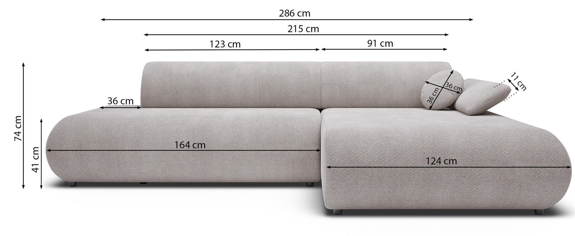 Rysunek wymiarowy - Narożnik Armone prawostronny oliwkowy: szerokość 286 cm, głębokość 173,5 cm, wysokość 74 cm