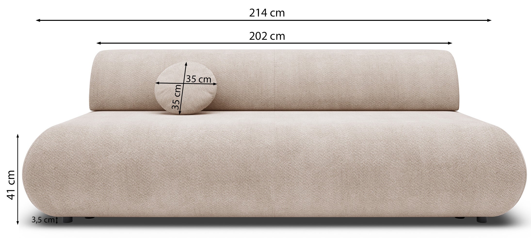 Rysunek wymiarowy - Kanapa rozkładana Armone jasnobeżowa: szerokość 214 cm, głębokość 100 cm, wysokość 74 cm