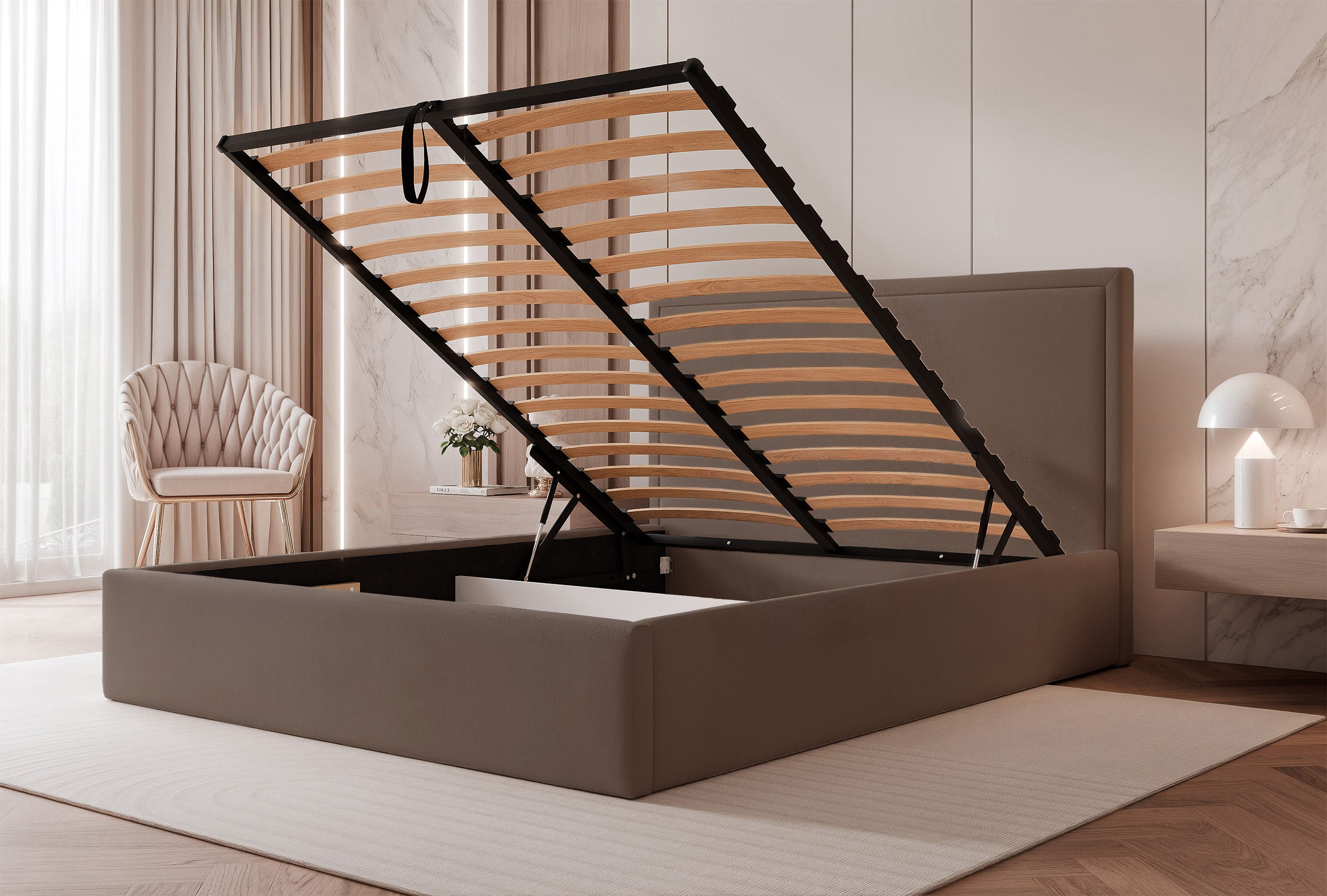 Łóżko tapicerowane 180x200 cm Asurro z pojemnikiem stelaż metalowy brązowe welur hydrofobowy