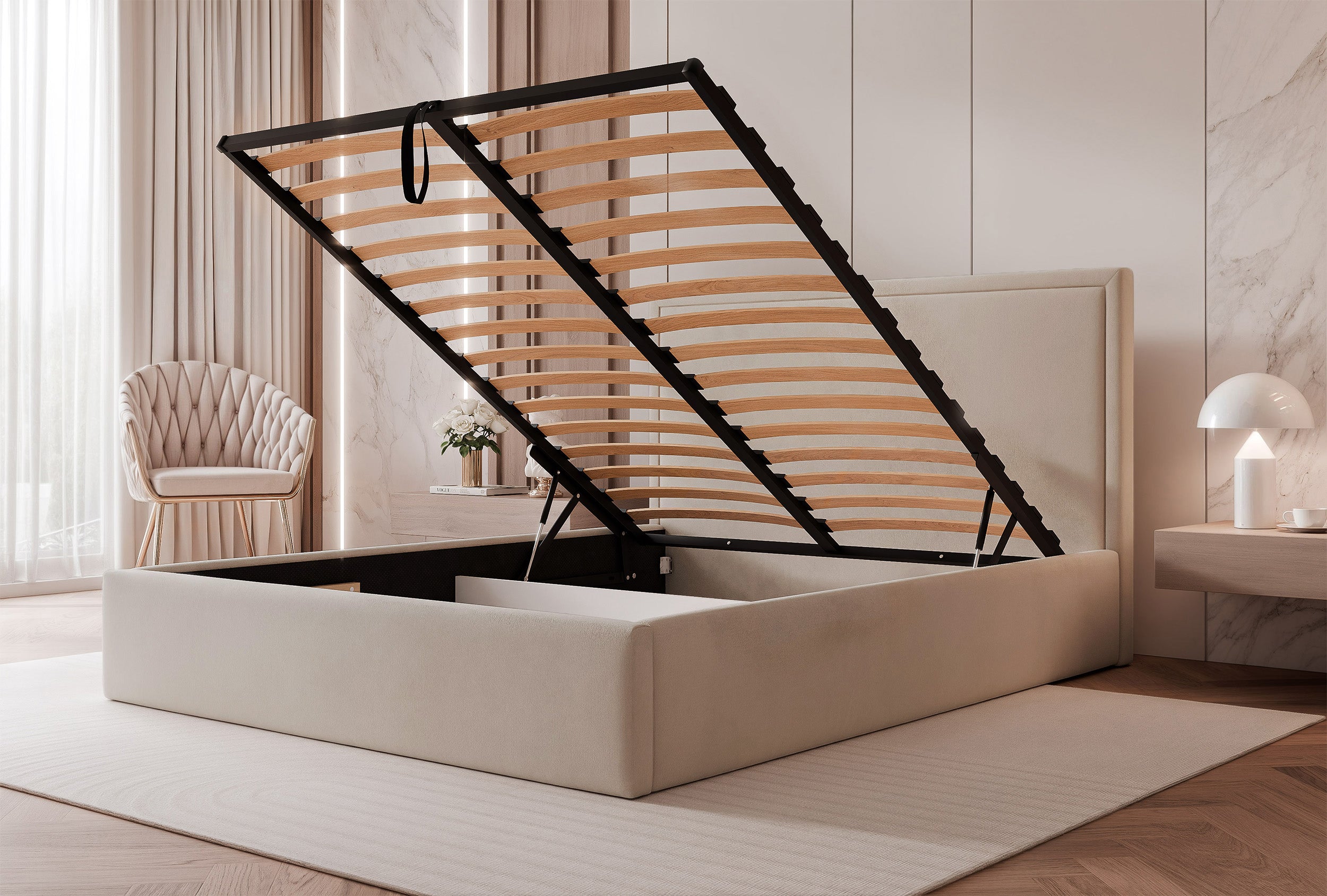 Łóżko tapicerowane Asurro 180x200 cm z pojemnikiem stelaż metalowy beżowe - rodzaj dwuosobowy