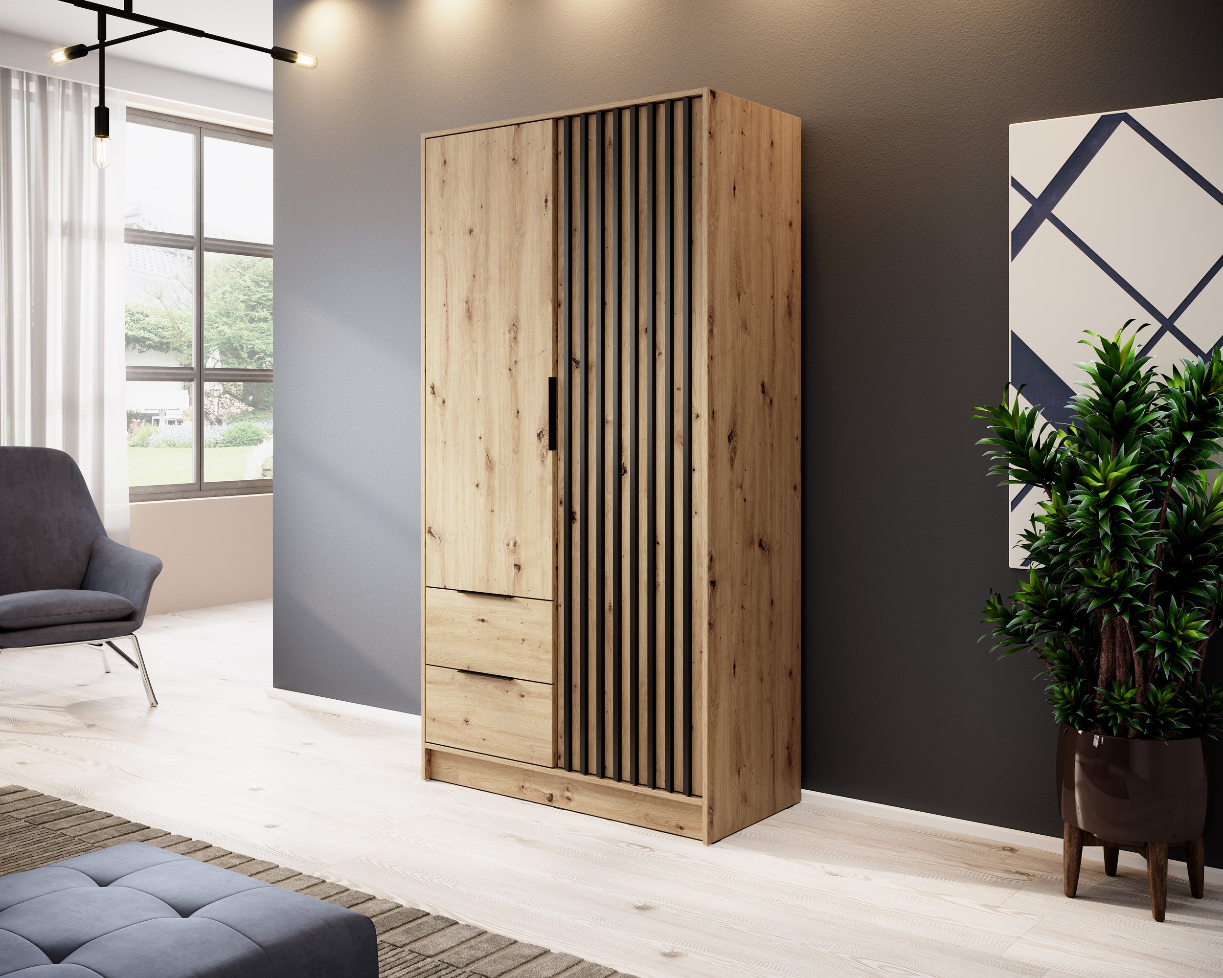 Szafa dwudrzwiowa Karette dąb artisan czarne lamele