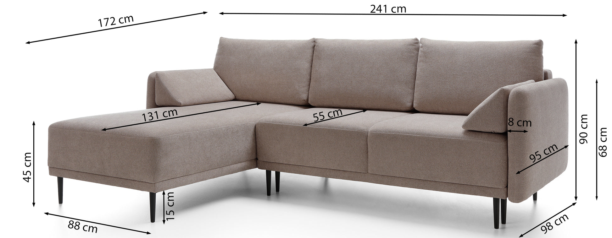 Rysunek wymiarowy - Narożnik Bardo grafitowy: szerokość 241 cm, głębokość 172 cm, wysokość 90 cm