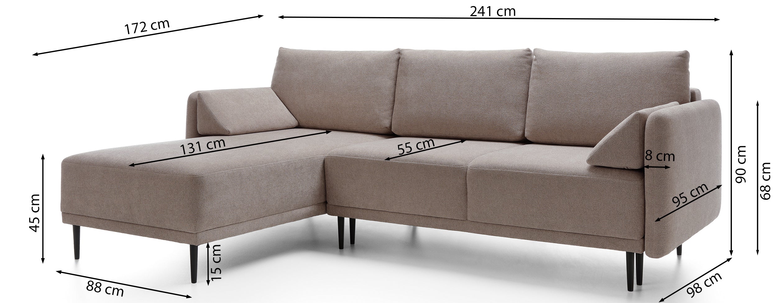 Rysunek wymiarowy - Narożnik Bardo grafitowy: szerokość 241 cm, głębokość 172 cm, wysokość 90 cm