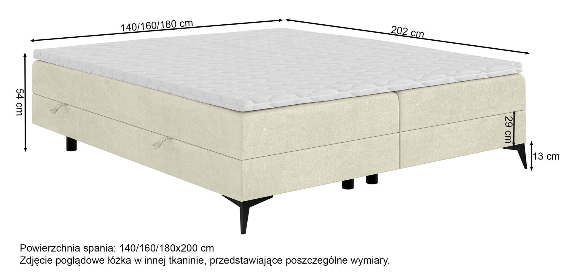 Rysunek wymiarowy - Łóżko kontynentalne Baseo niskie 160x200 cm bez wezgłowia z pojemnikami i topperem beżowe: szerokość 160 cm, długość 202 cm, wysokość 54 cm