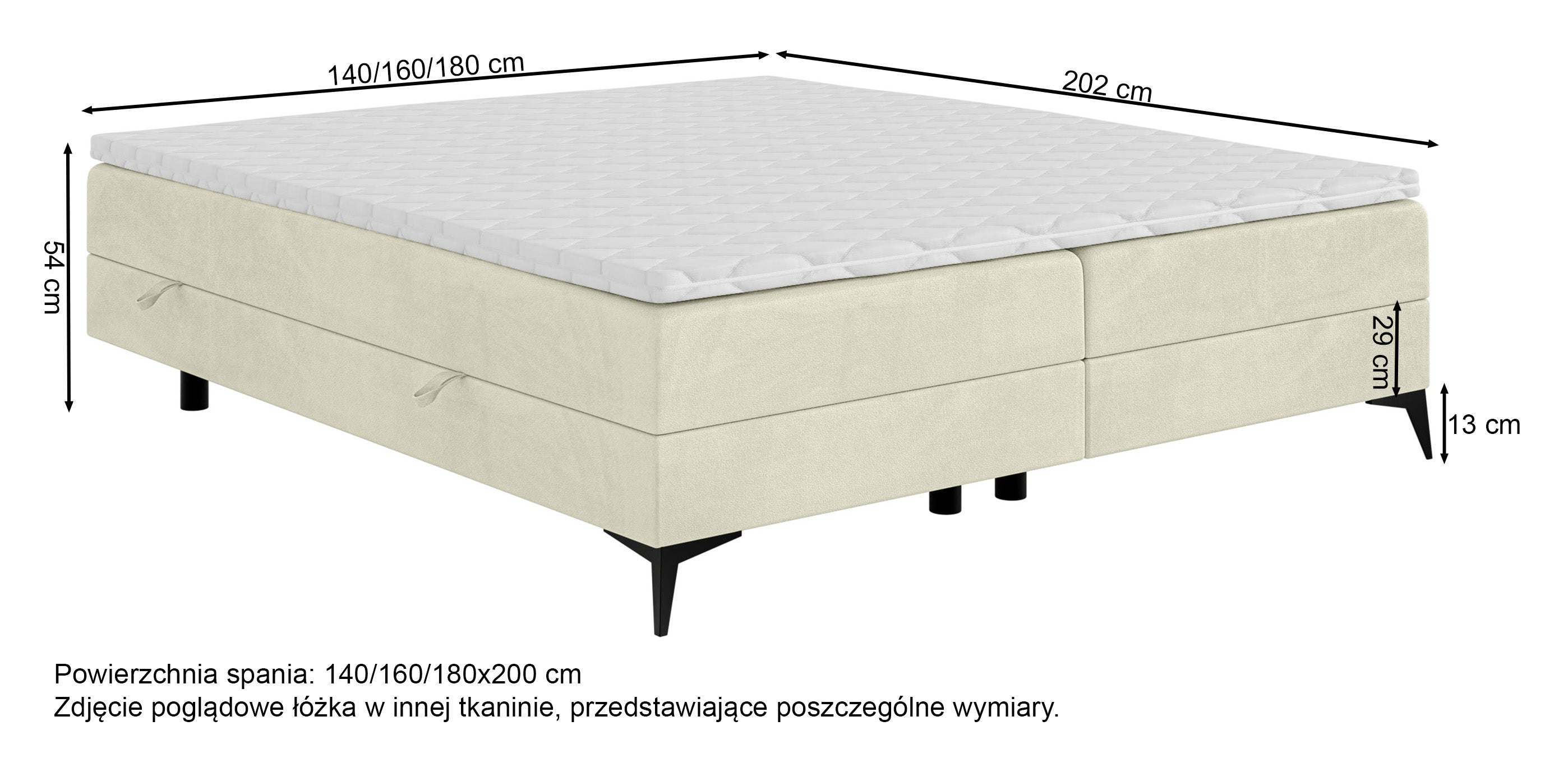 Rysunek wymiarowy - Łóżko kontynentalne Baseo niskie 160x200 cm bez wezgłowia z pojemnikami i topperem beżowe: szerokość 160 cm, długość 202 cm, wysokość 54 cm