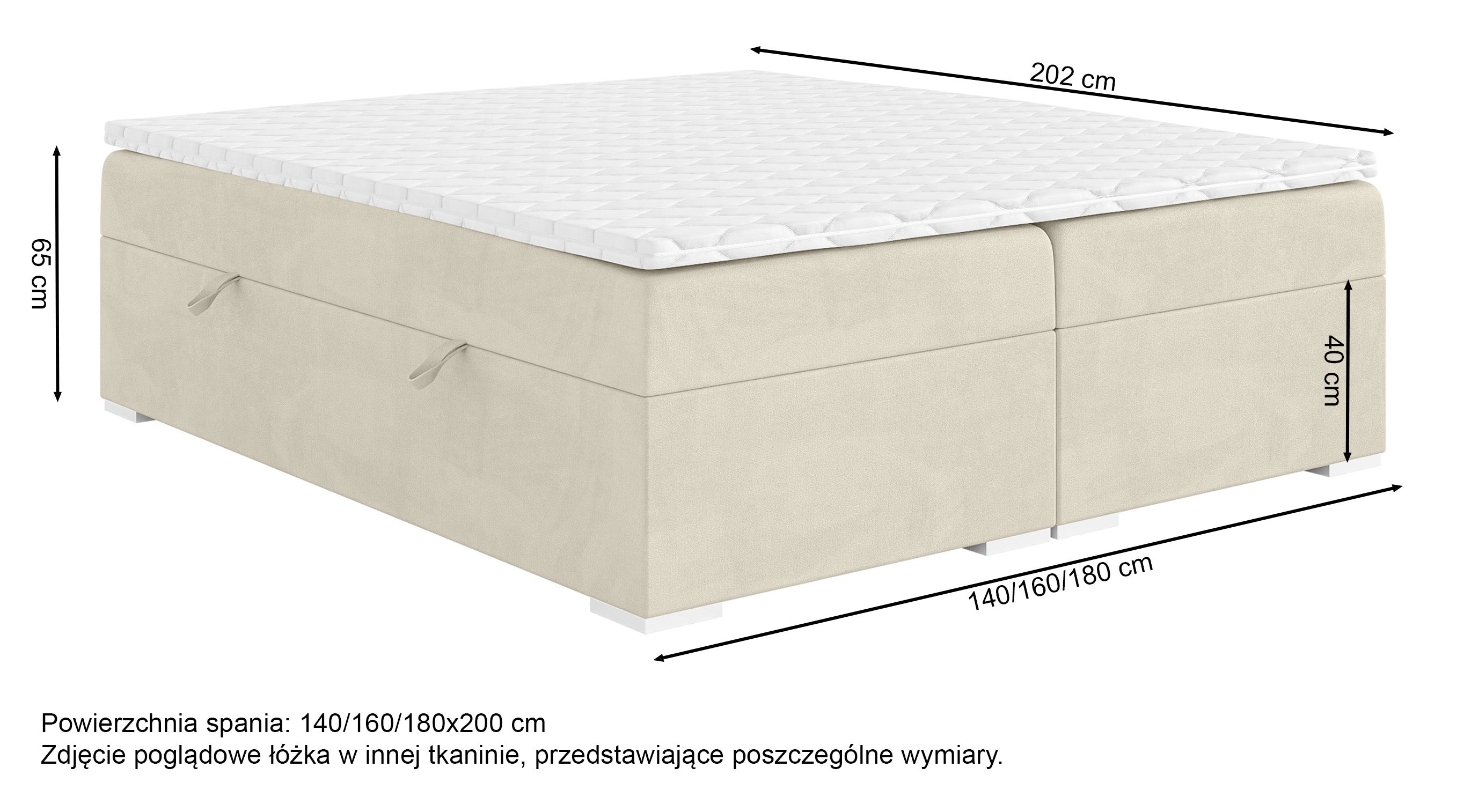 Rysunek wymiarowy - Łóżko kontynentalne Baseo wysokie 140x200 cm bez wezgłowia z pojemnikami i topperem granatowe: szerokość 140 cm, długość 202 cm, wysokość 65 cm