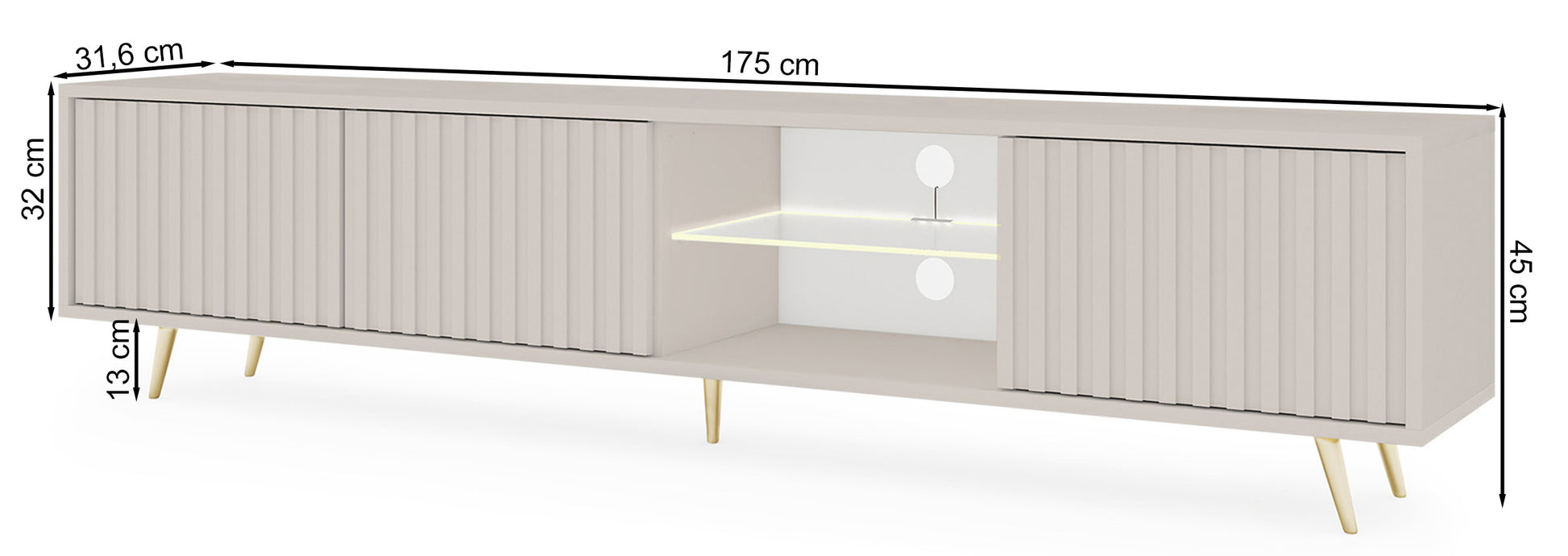 Rysunek wymiarowy - Szafka RTV trzydrzwiowa Bello z lamelowymi frontami i szklaną półką z oświetleniem LED 175 cm kaszmir na złotych nóżkach: szerokość 175 cm, głębokość 31,6 cm, wysokość 45 cm