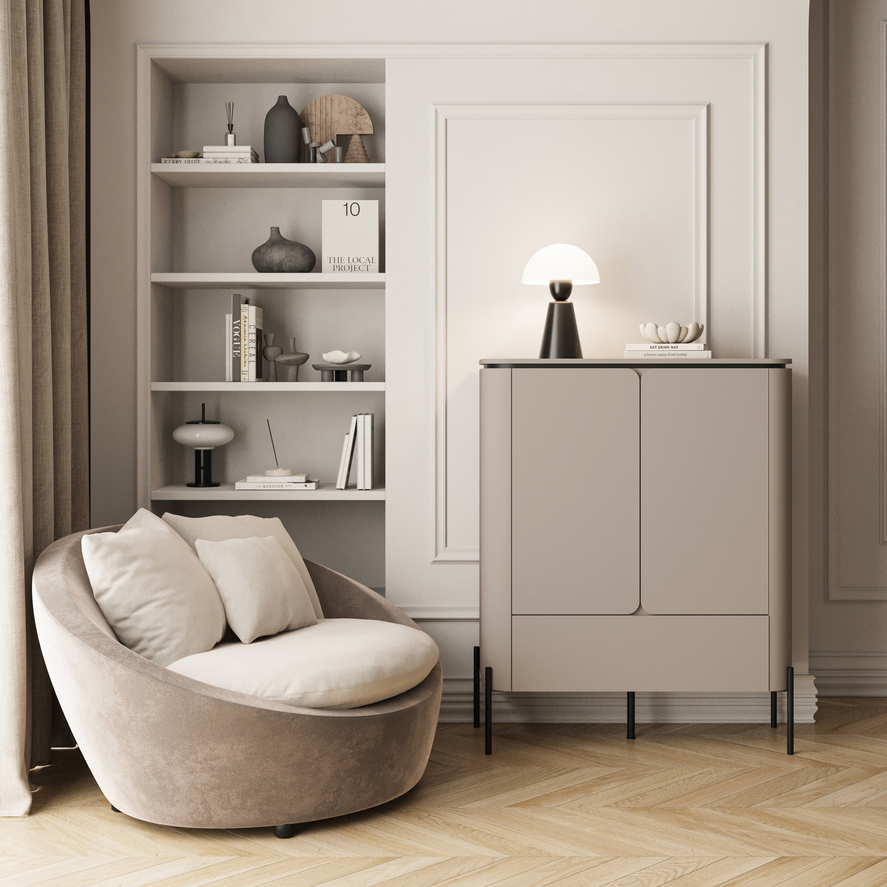 Komoda dwudrzwiowa Calderis z szufladą 98 w aranżacji salonu