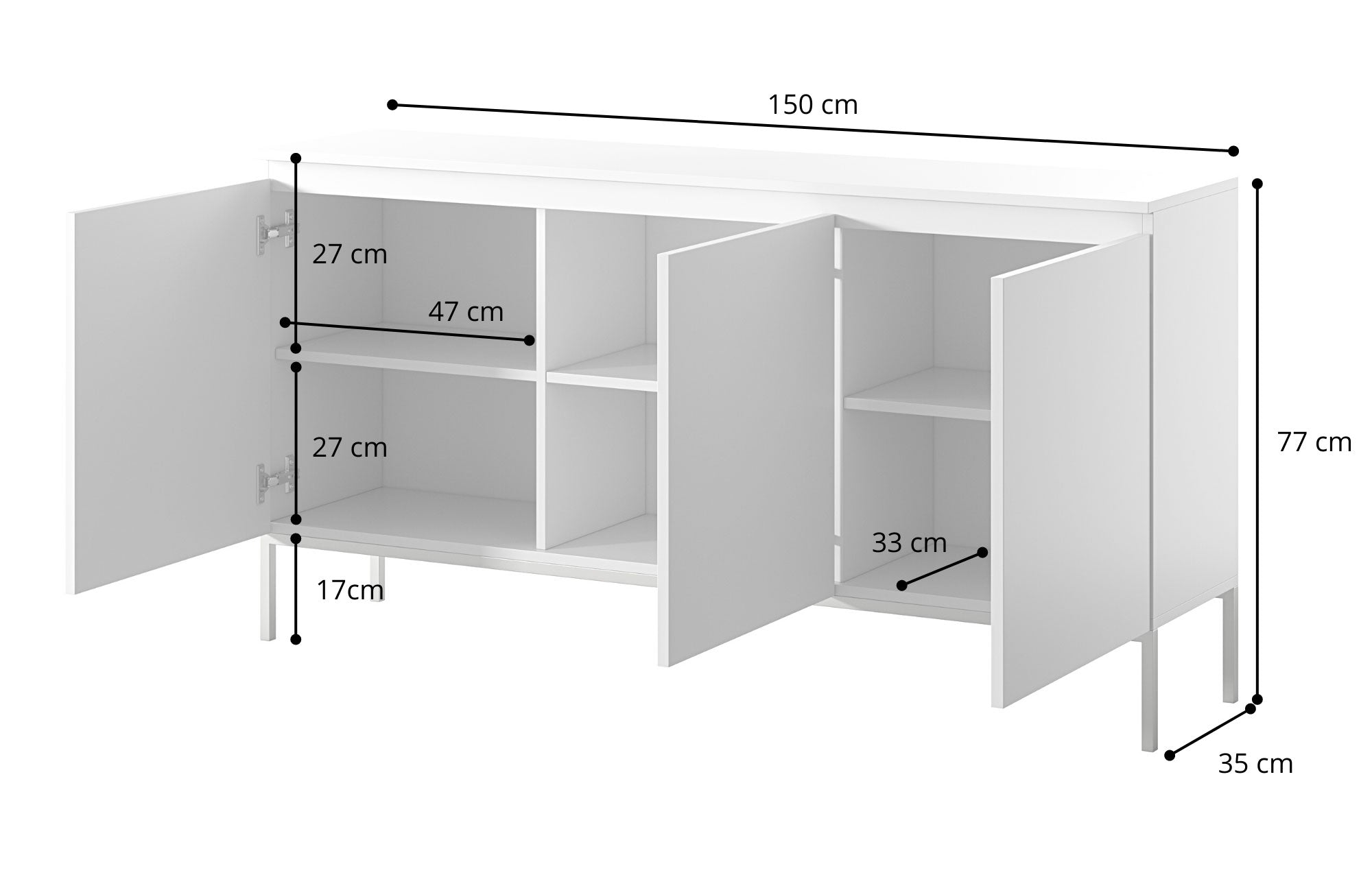 Komoda trzydrzwiowa Bemmi 150 cm czarna z czarnymi nogami - wysokość 77 cm