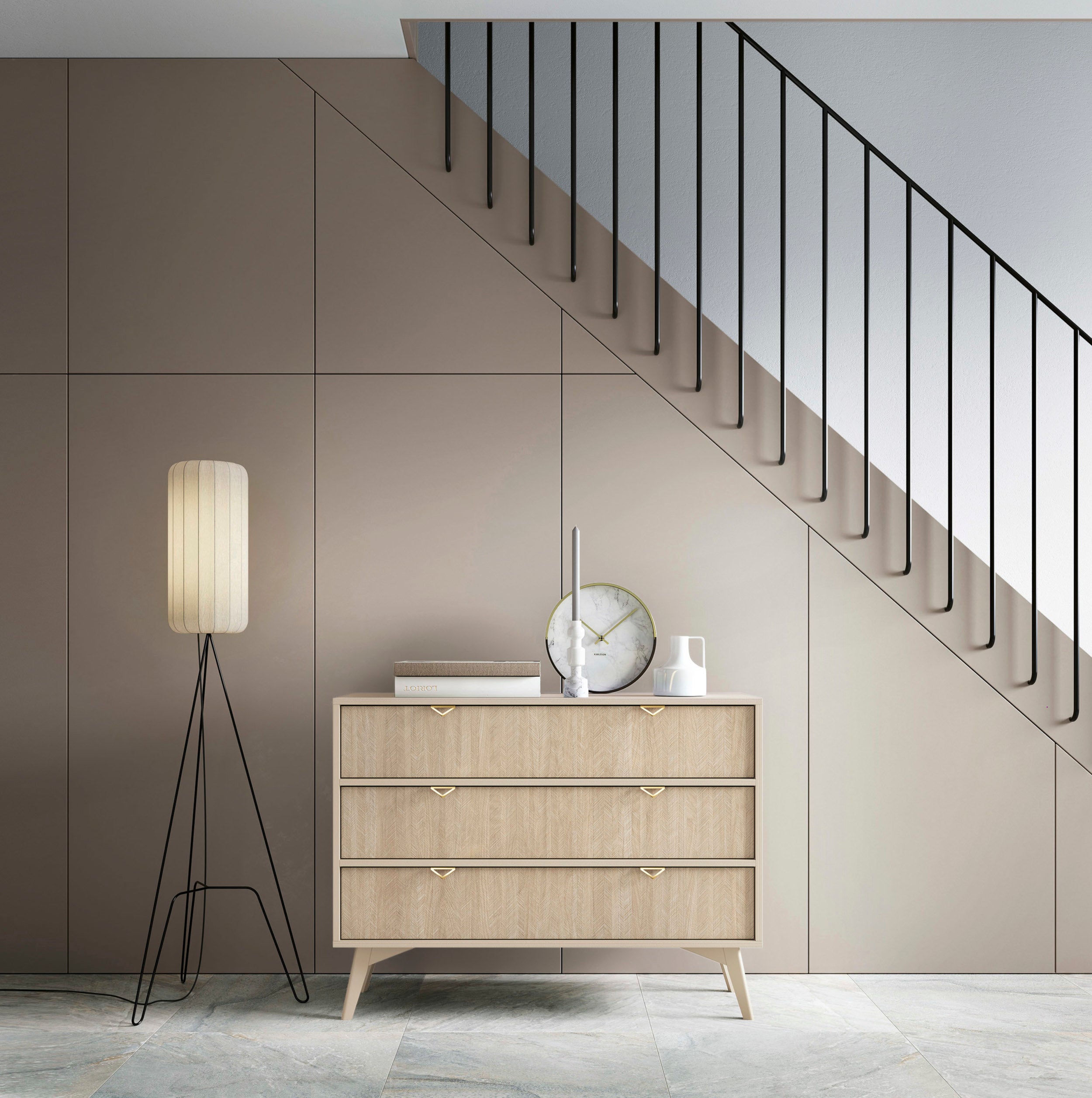 Komoda Favoria z szufladami 106 cm beżowa/jodełka scandi ze złotymi uchwytami