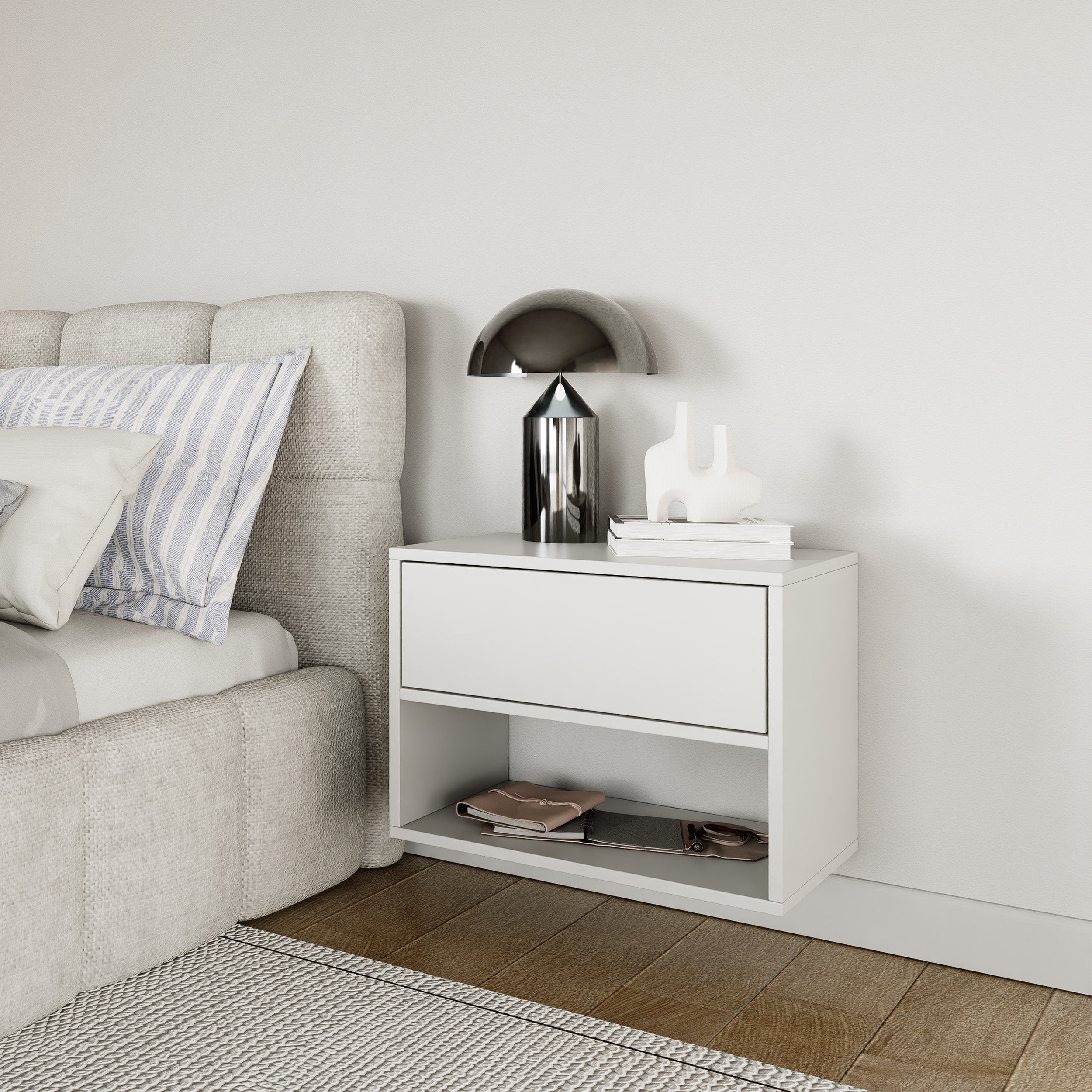 Szafka nocna Framme z szufladą i wnęką 50 cm biała - otwieranie push open