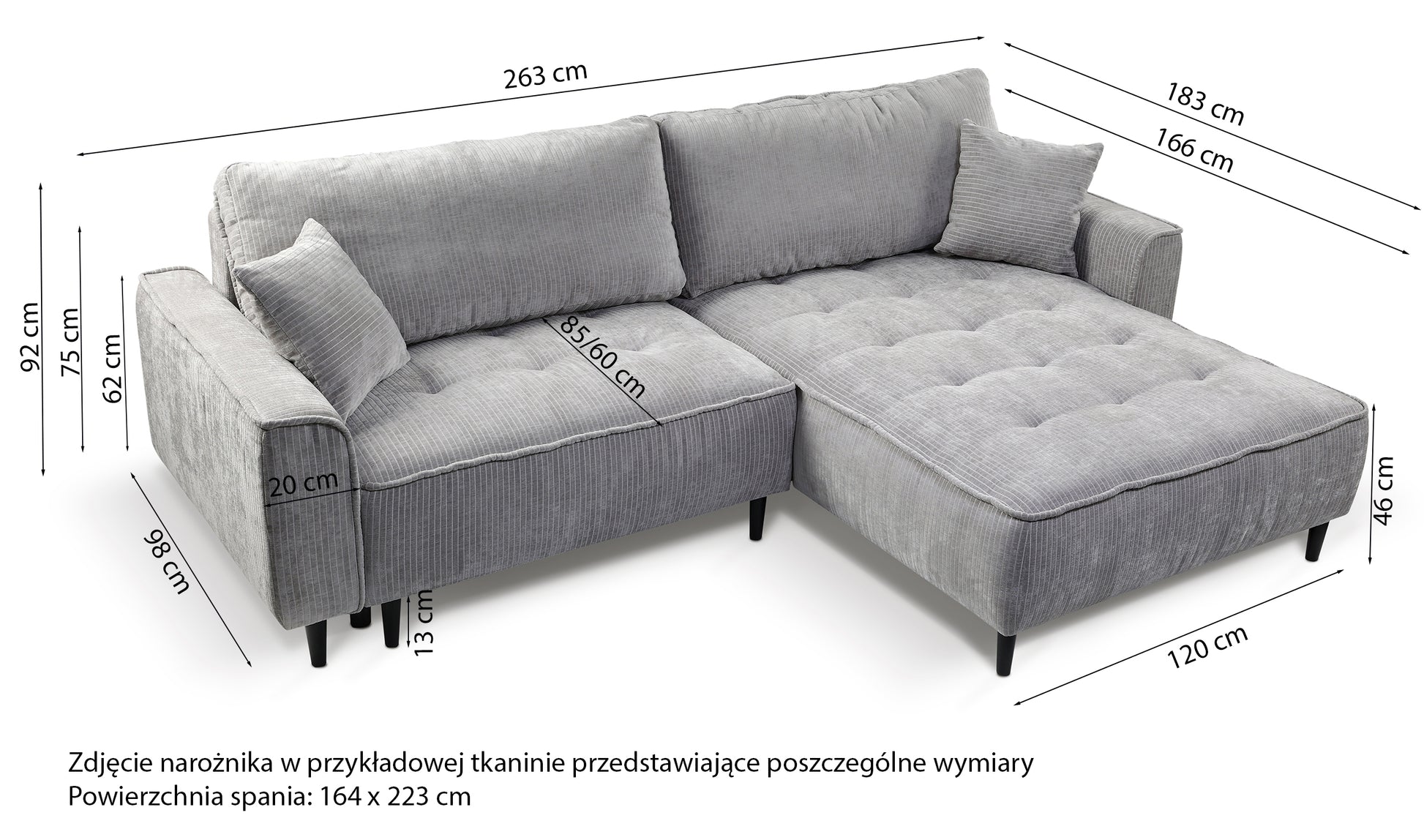 Rysunek wymiarowy - Narożnik Blues lewostronny z pojemnikiem jasnobeżowy: szerokość 263 cm, głębokość 183 cm, wysokość 92 cm