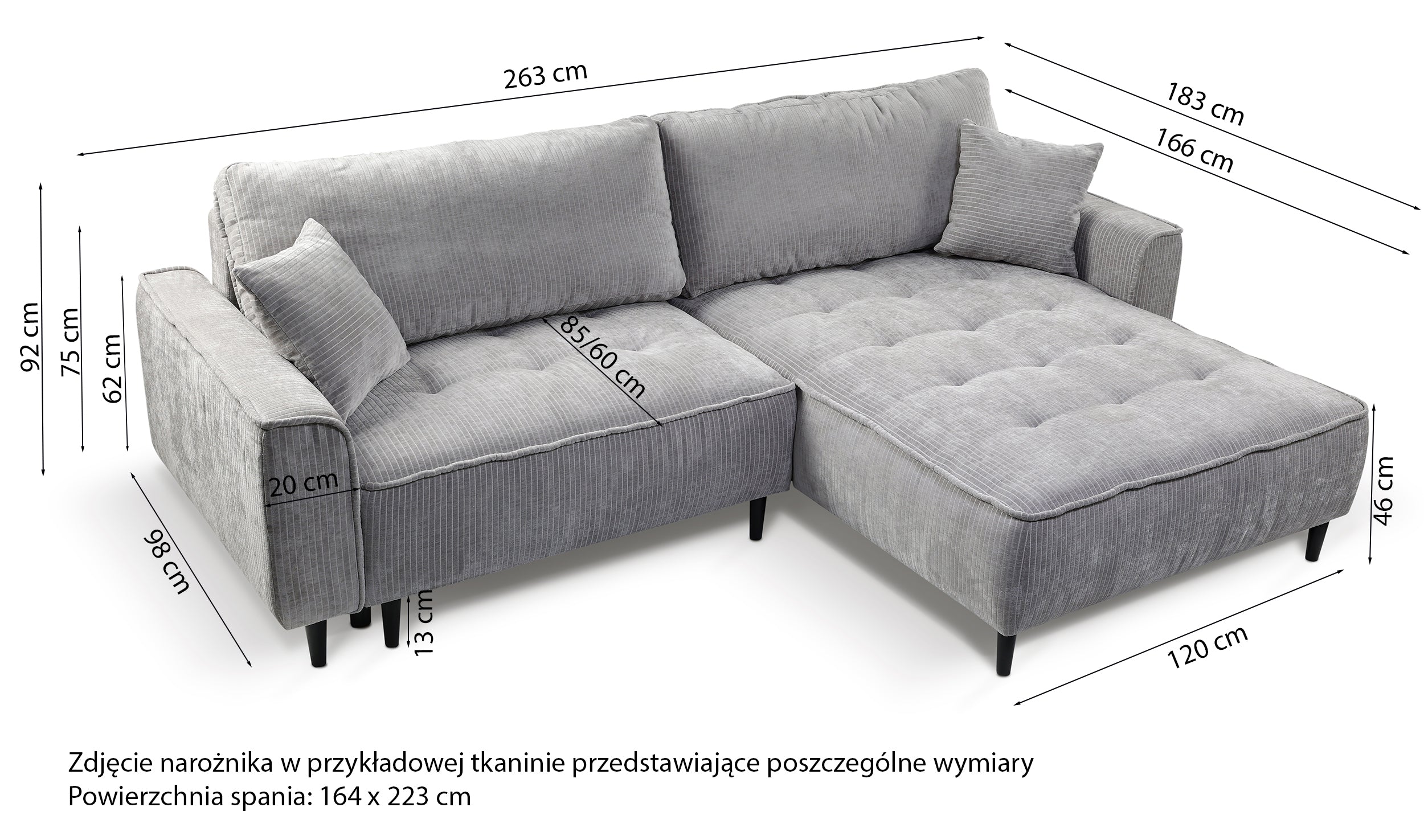 Rysunek wymiarowy - Narożnik Blues prawostronny z pojemnikiem grafitowy: szerokość 263 cm, głębokość 183 cm, wysokość 92 cm