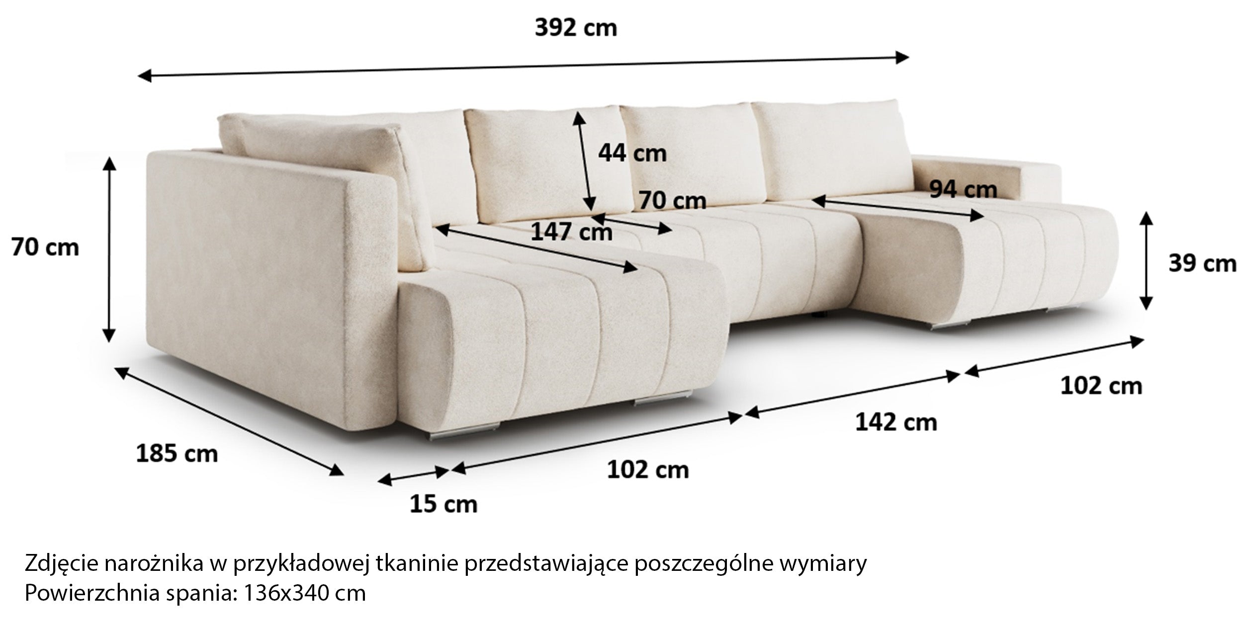 Rysunek wymiarowy - Narożnik Blur prawostronny z pojemnikiem jasnoszary: szerokość 392 cm, głębokość 185 cm, wysokość 77 cm