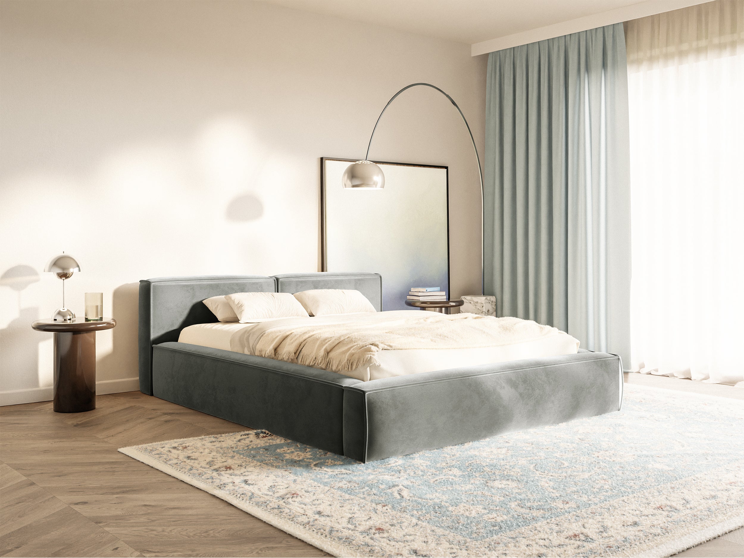 Łóżko tapicerowane 140x200 cm Tilves Slim Low z pojemnikiem stelaż metalowy szare welur - bez materaca