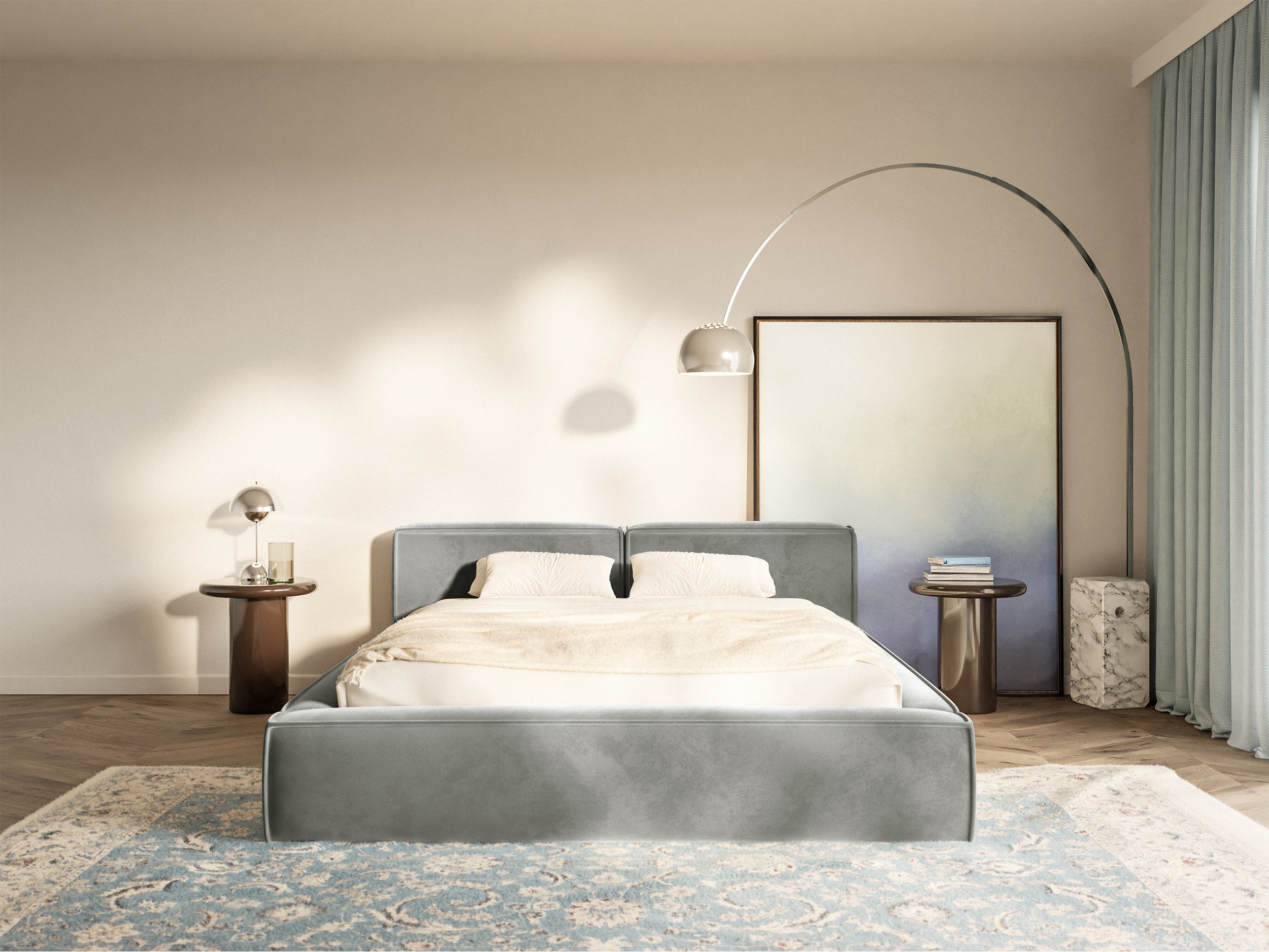 Łóżko tapicerowane 200x200 cm Tilves Slim Low z pojemnikiem stelaż metalowy szare welur