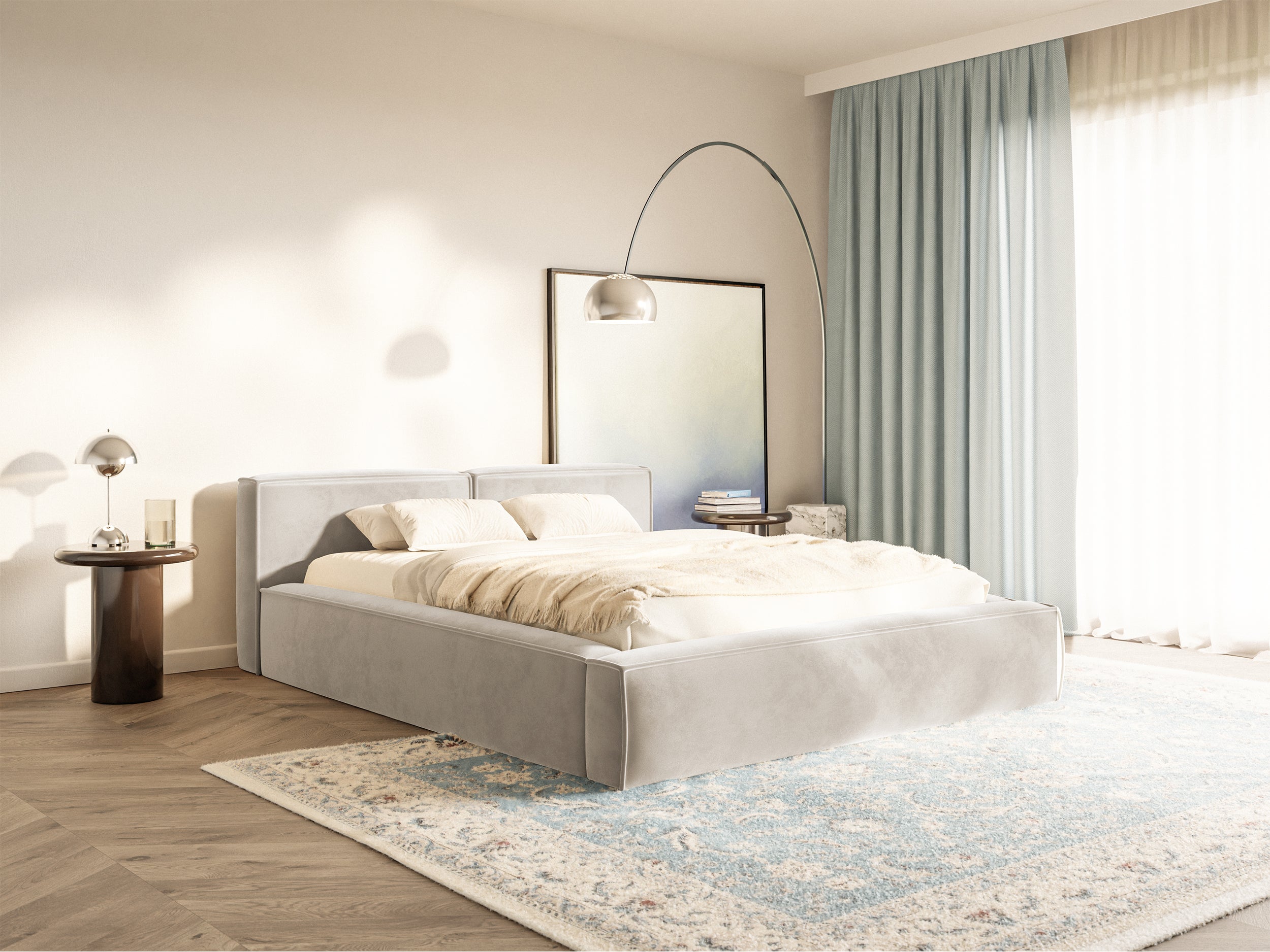 Łóżko tapicerowane 200x200 cm Tilves Slim Low z pojemnikiem stelaż metalowy szarobeżowe welur