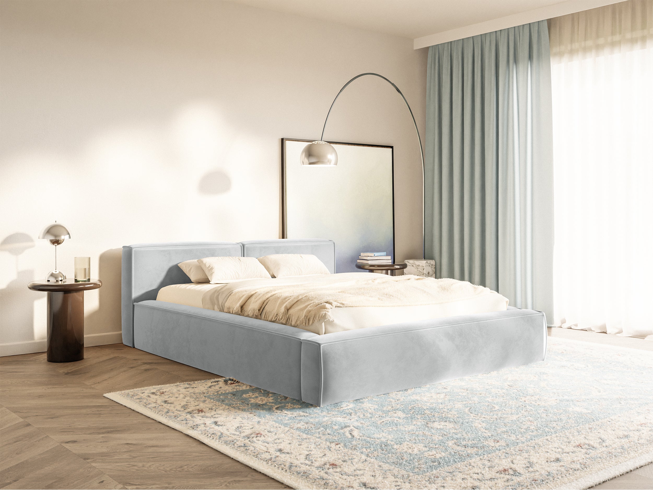 Łóżko tapicerowane 200x200 cm Tilves Slim Low z pojemnikiem stelaż metalowy jasnoszare welur