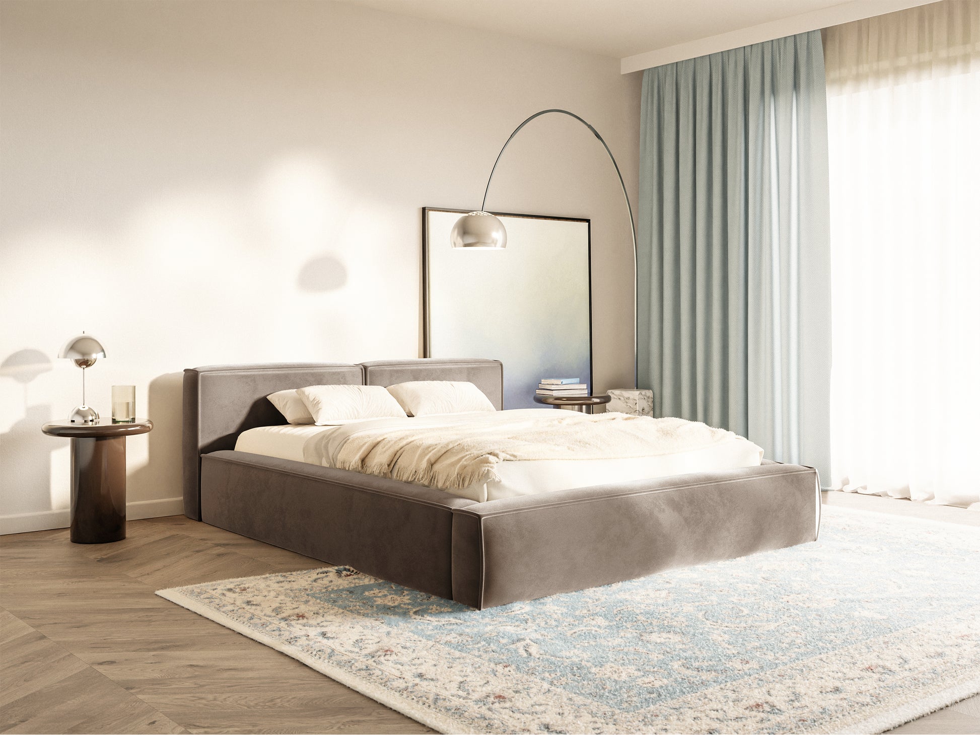 Łóżko tapicerowane 180x200 cm Tilves Slim Low z pojemnikiem stelaż metalowy jasnobrązowe welur - bez materaca